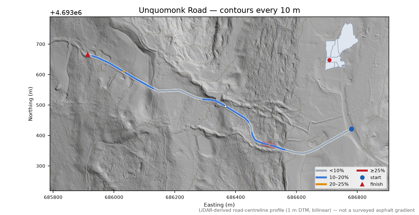 Unquomonk Road LiDAR hillshade map with contours