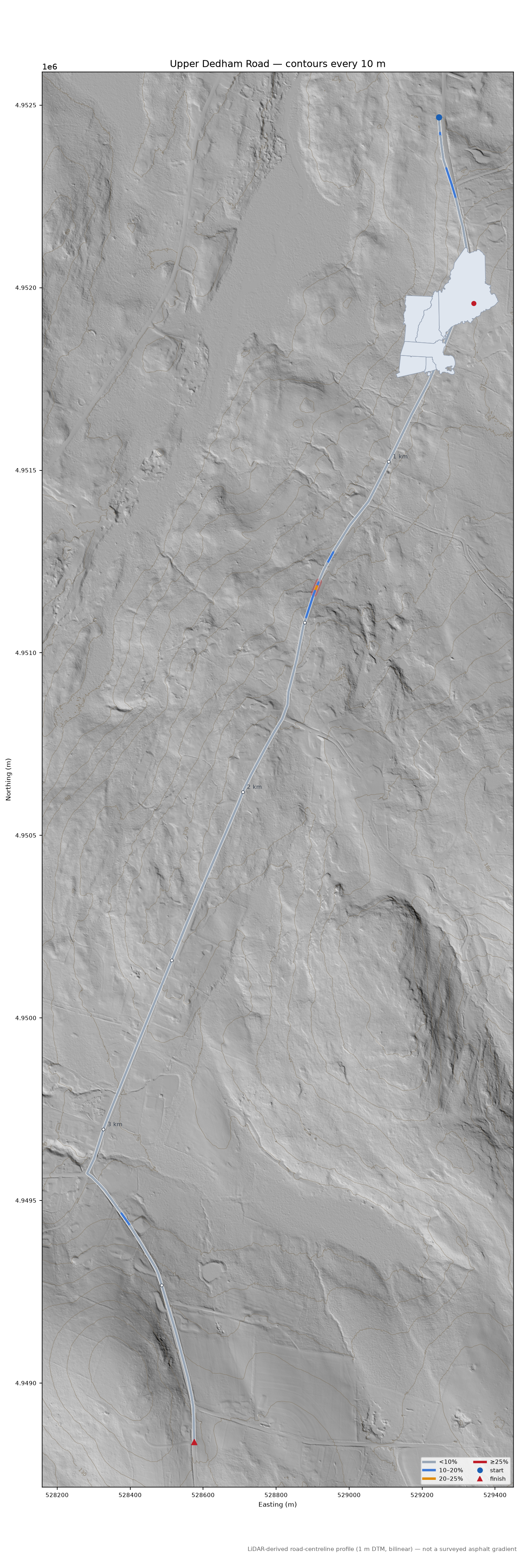 Upper Dedham Road LiDAR hillshade map with contours