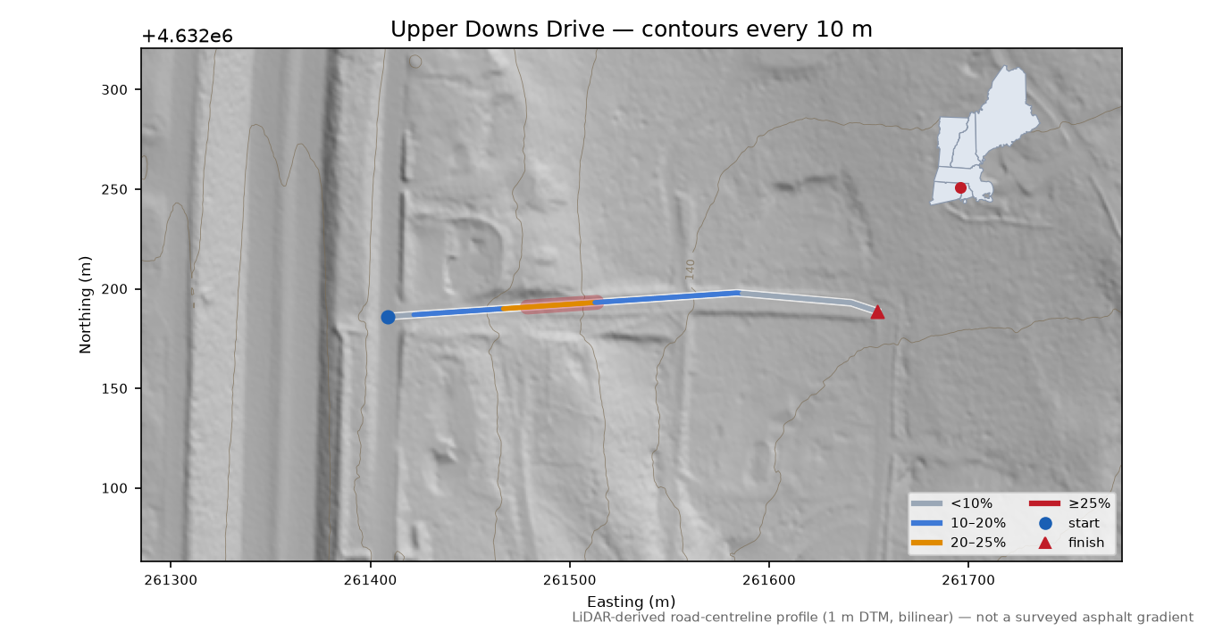Upper Downs Drive LiDAR hillshade map with contours