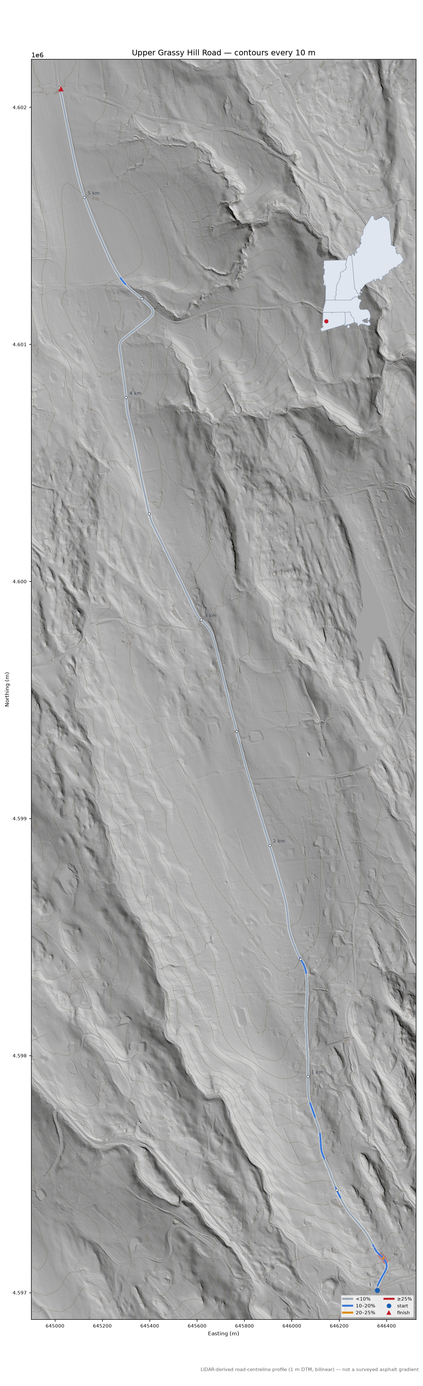 Upper Grassy Hill Road LiDAR hillshade map with contours
