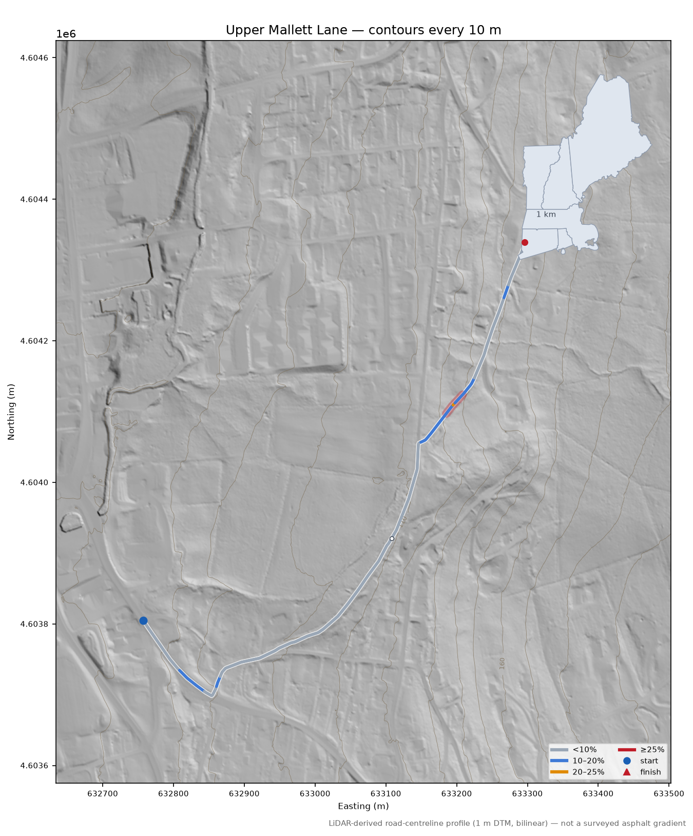 Upper Mallett Lane LiDAR hillshade map with contours