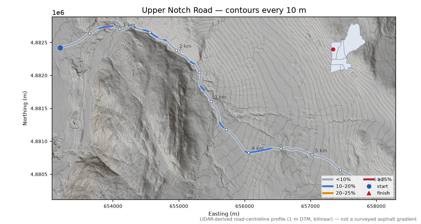 Upper Notch Road LiDAR hillshade map with contours