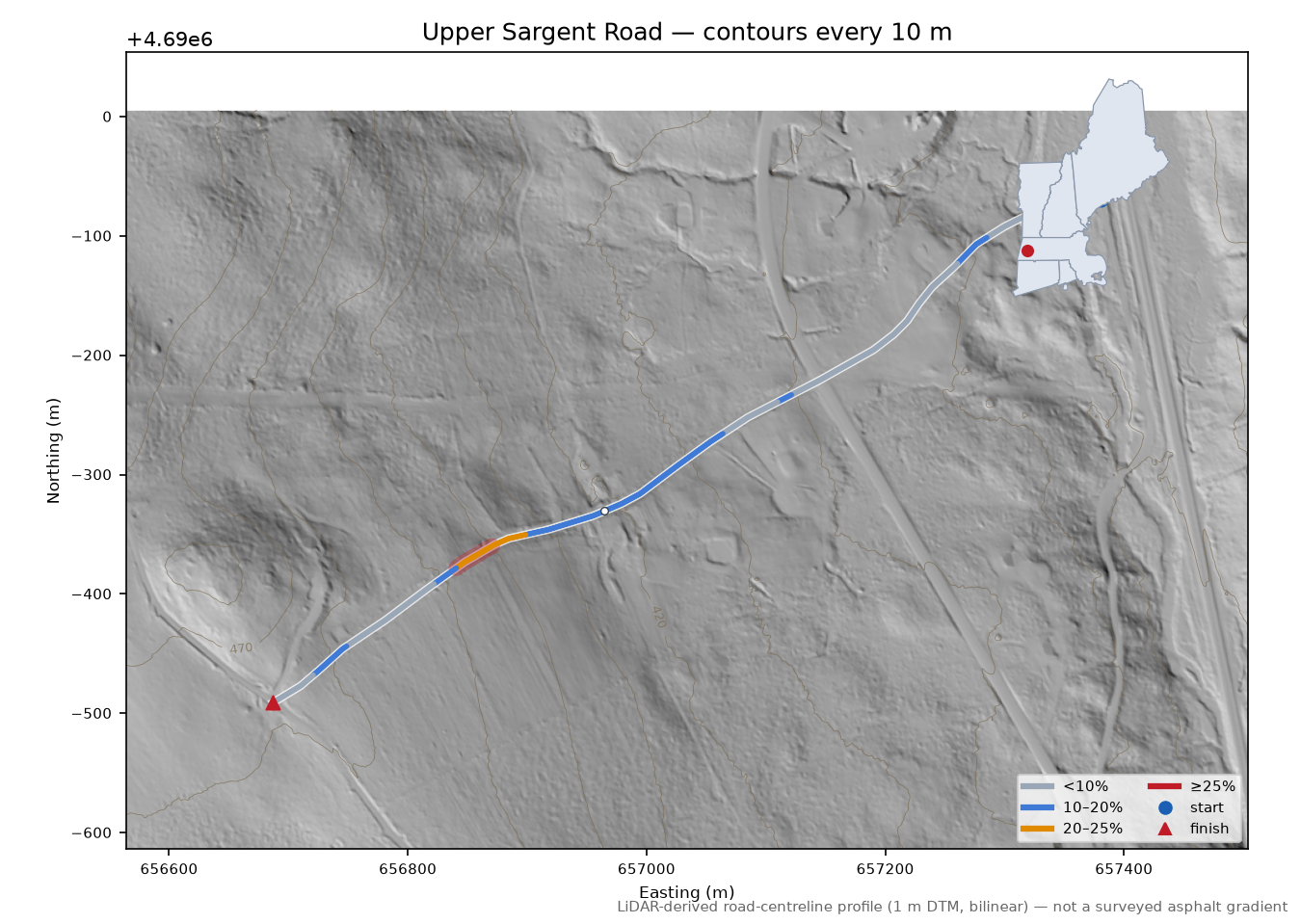 Upper Sargent Road LiDAR hillshade map with contours