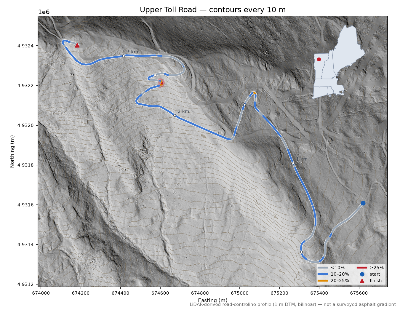 Upper Toll Road LiDAR hillshade map with contours