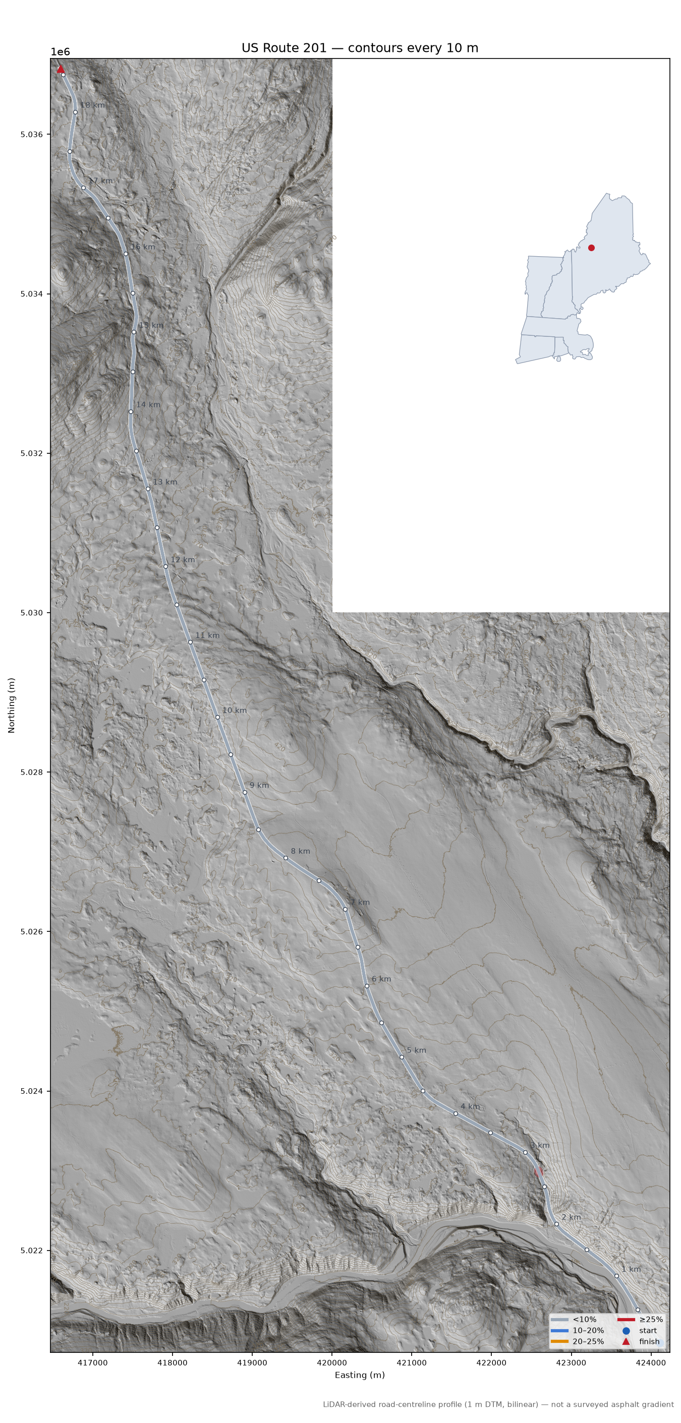 US Route 201 LiDAR hillshade map with contours