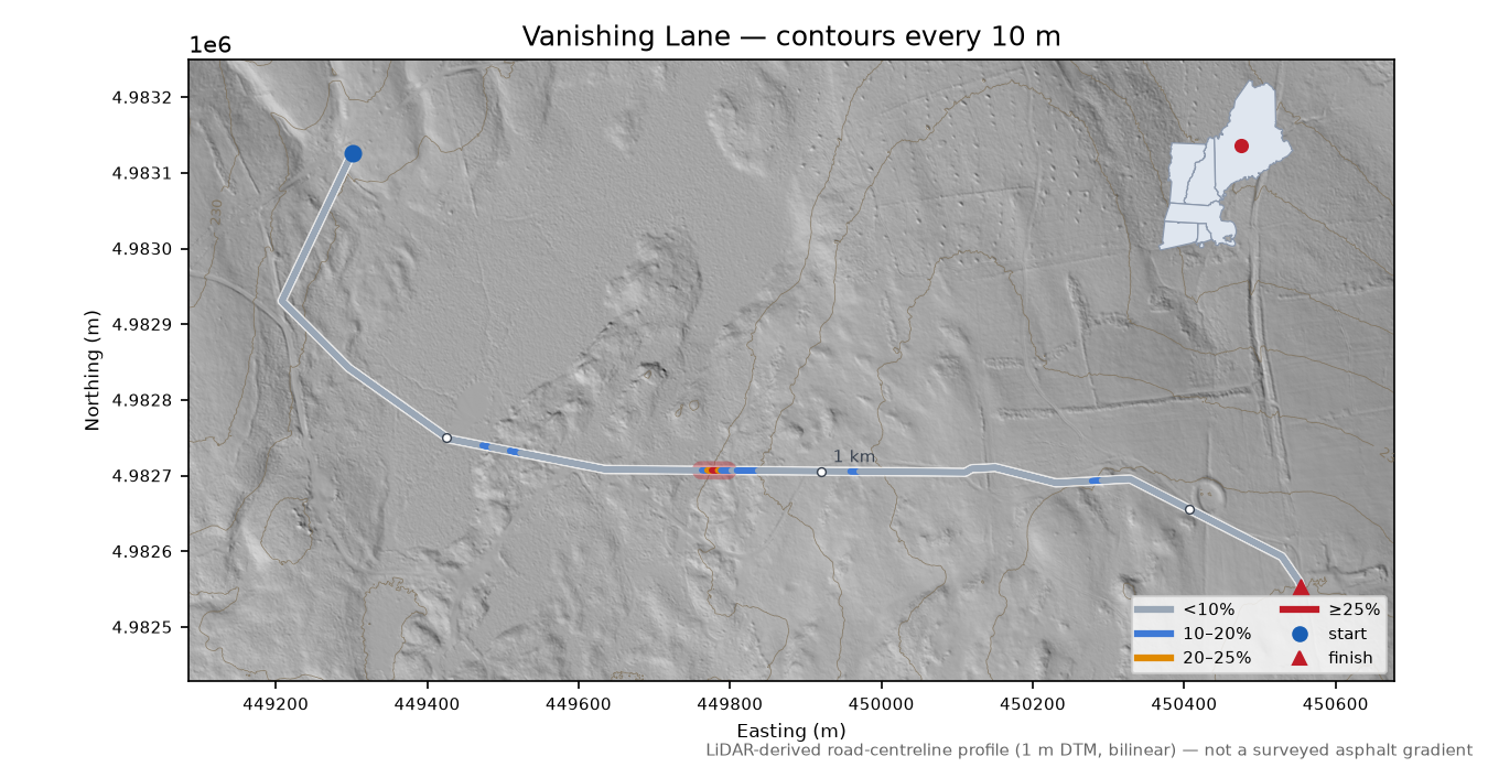 Vanishing Lane LiDAR hillshade map with contours