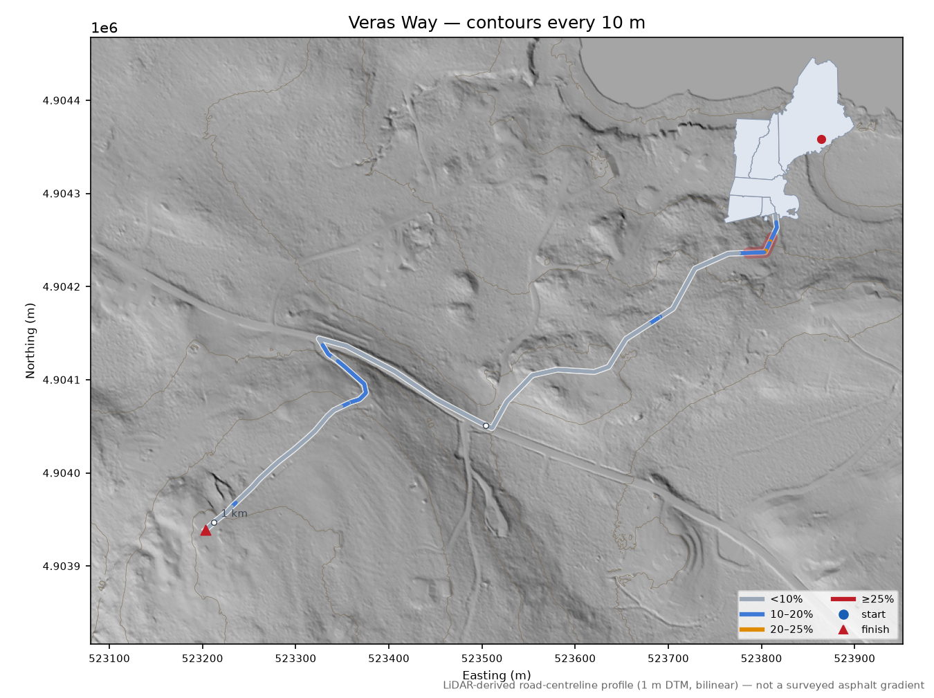 Veras Way LiDAR hillshade map with contours