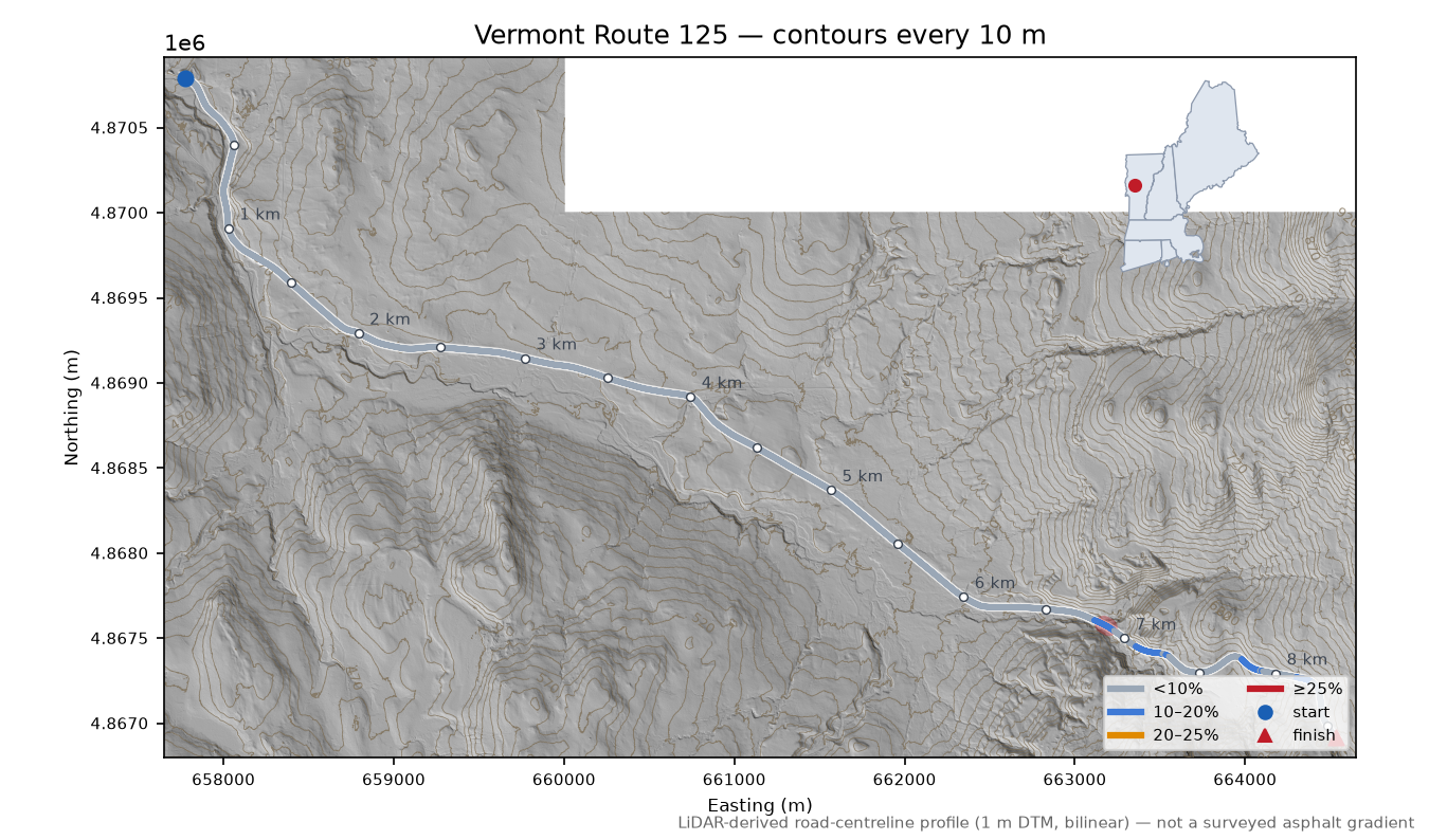Vermont Route 125 LiDAR hillshade map with contours