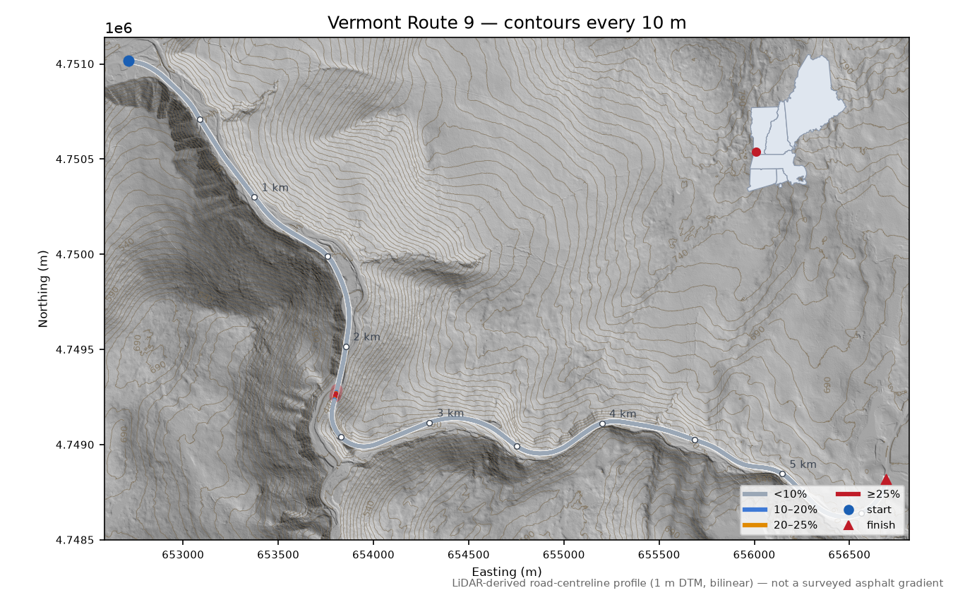 Vermont Route 9 LiDAR hillshade map with contours