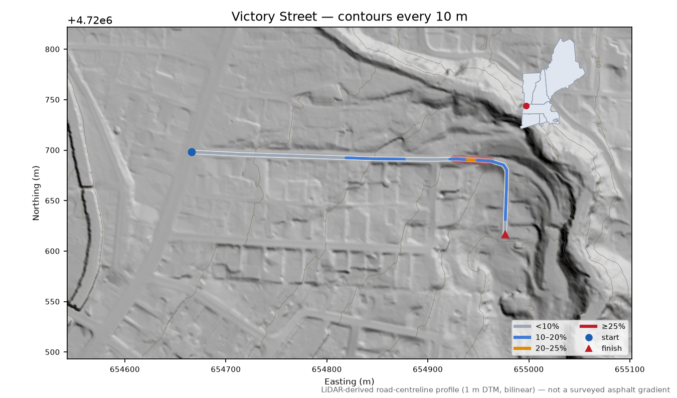 Victory Street LiDAR hillshade map with contours