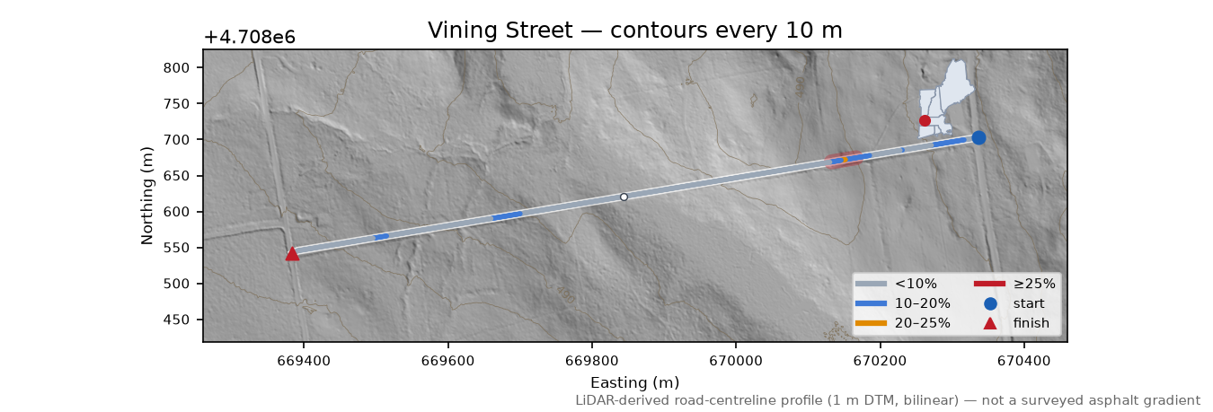 Vining Street LiDAR hillshade map with contours