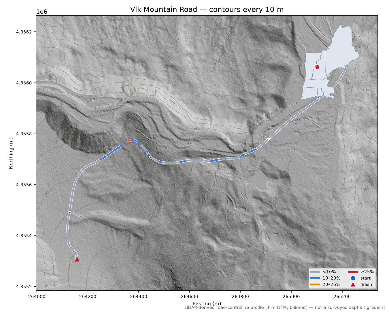 Vlk Mountain Road LiDAR hillshade map with contours