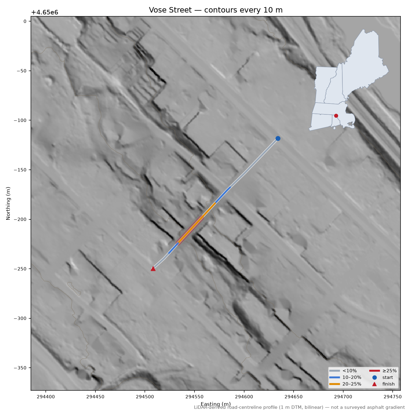 Vose Street LiDAR hillshade map with contours