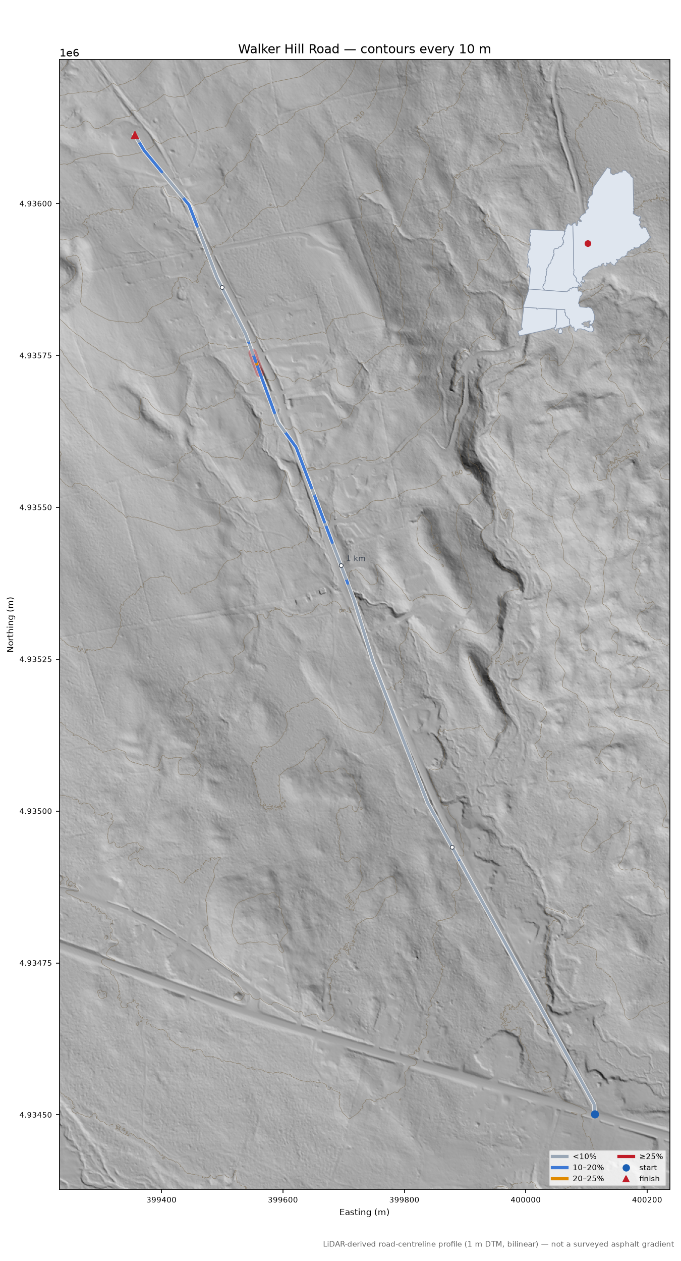 Walker Hill Road LiDAR hillshade map with contours