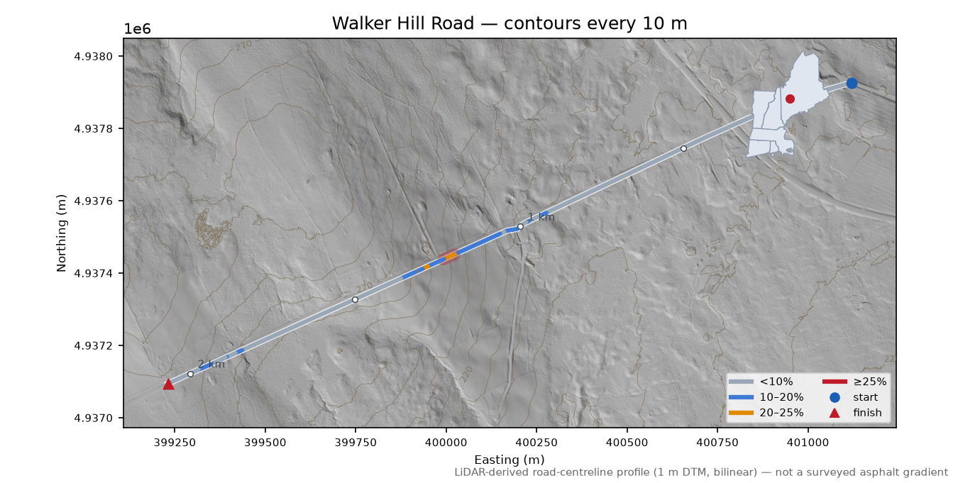 Walker Hill Road LiDAR hillshade map with contours