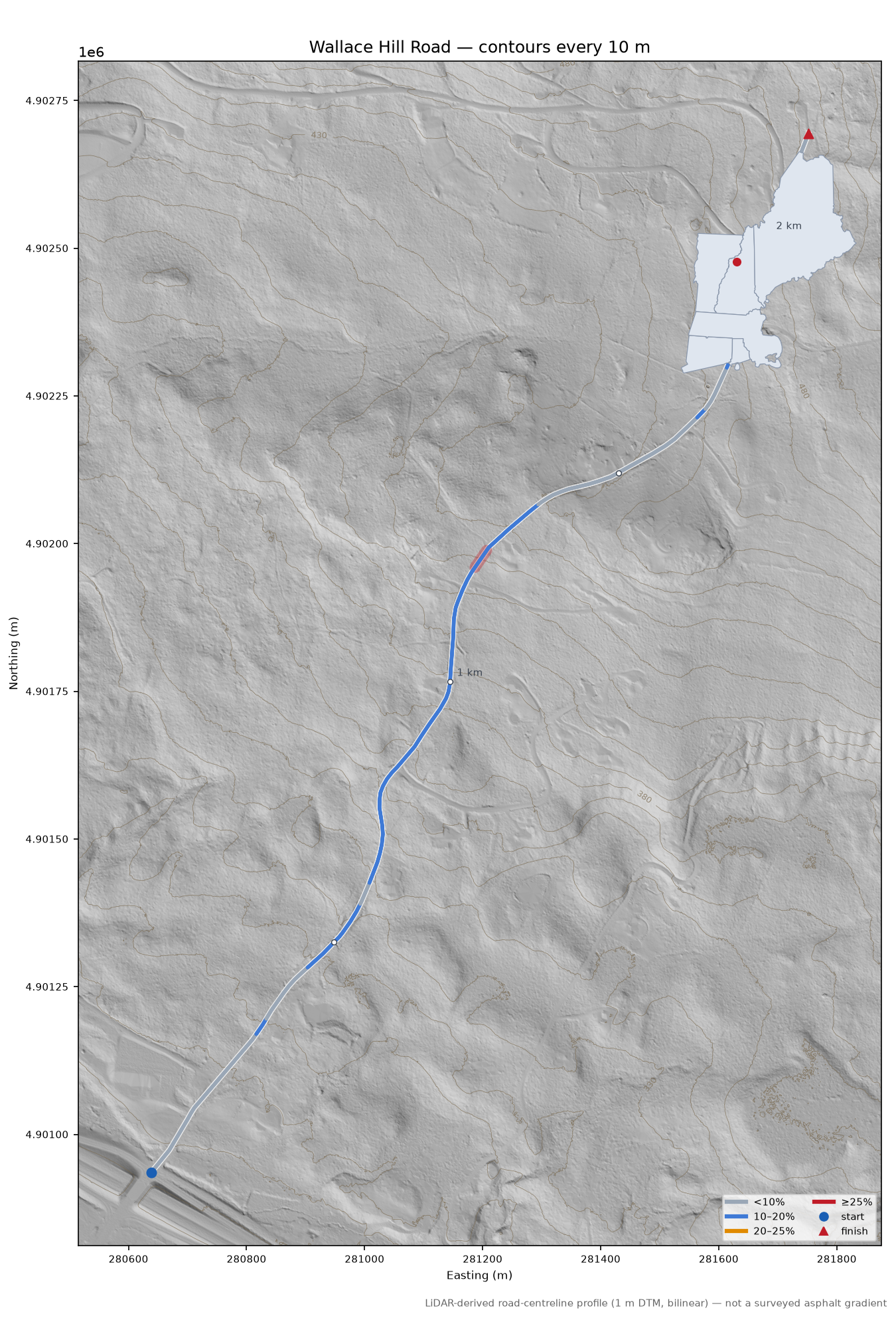 Wallace Hill Road LiDAR hillshade map with contours