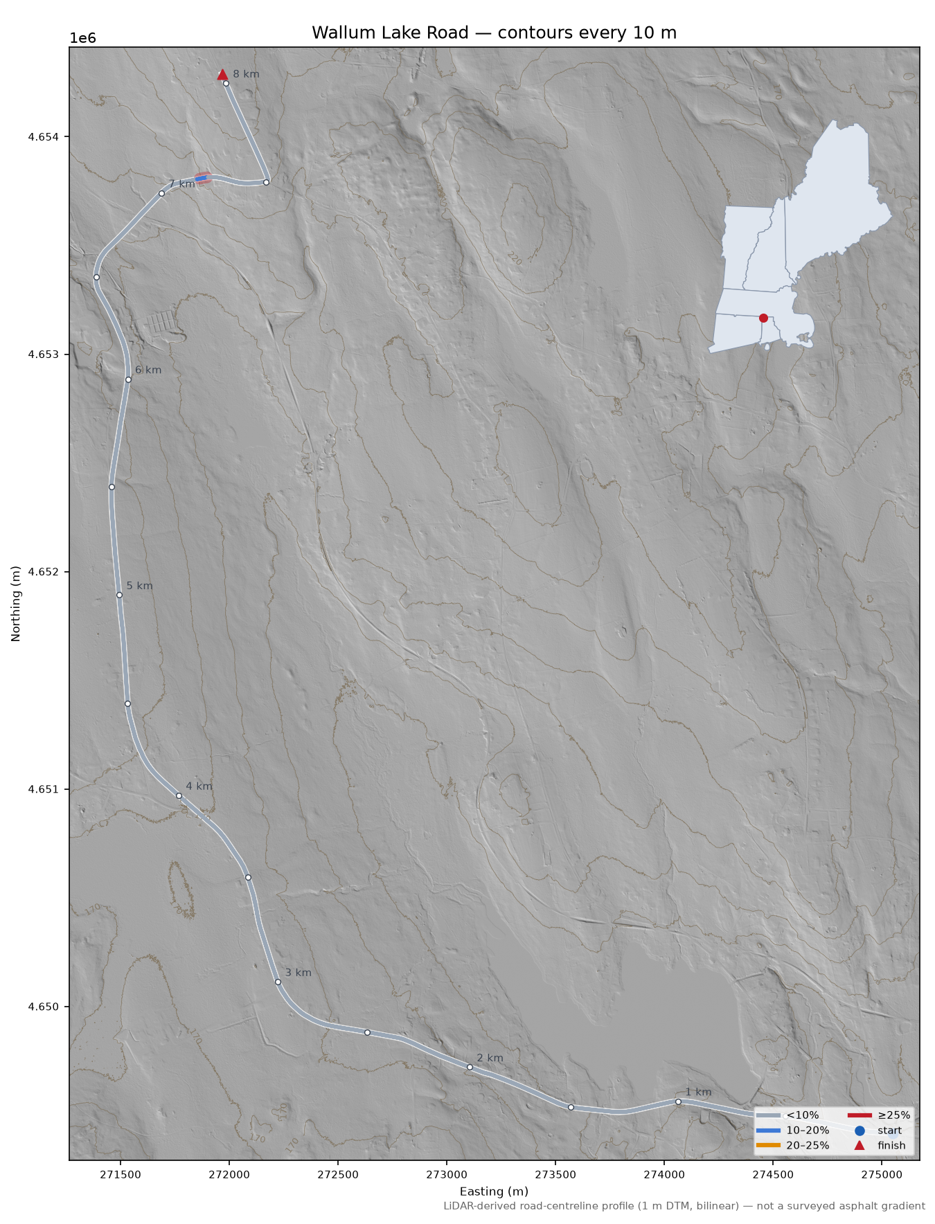 Wallum Lake Road LiDAR hillshade map with contours