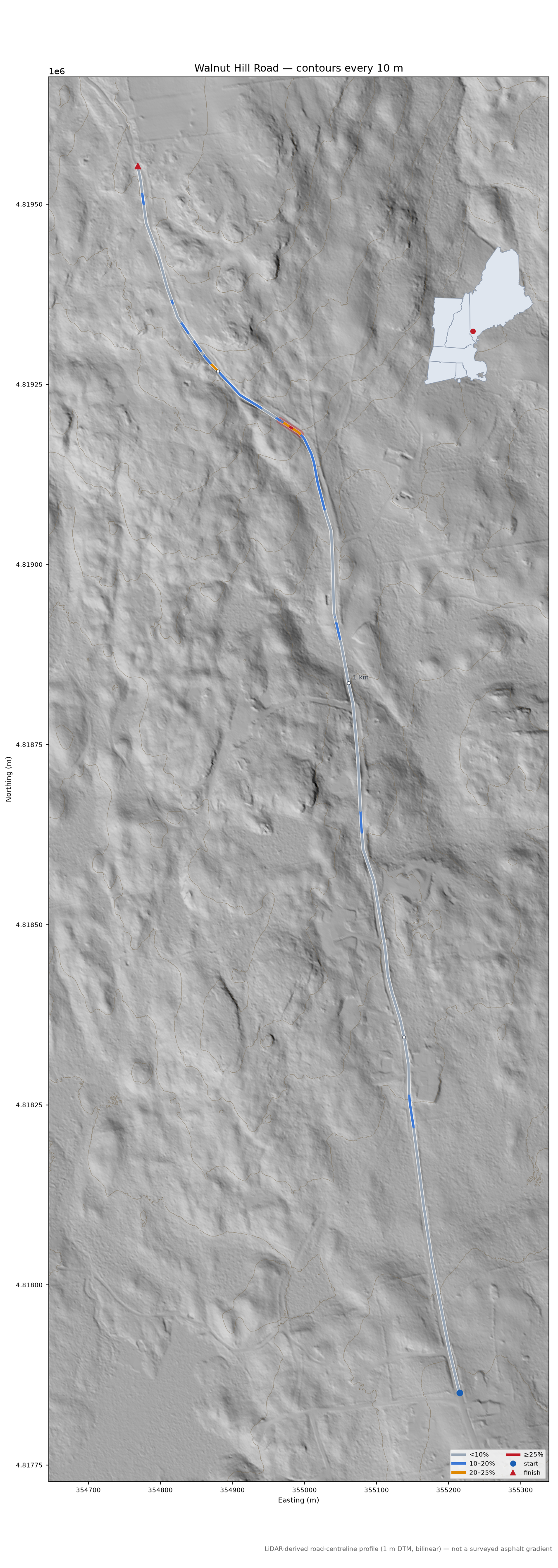 Walnut Hill Road LiDAR hillshade map with contours