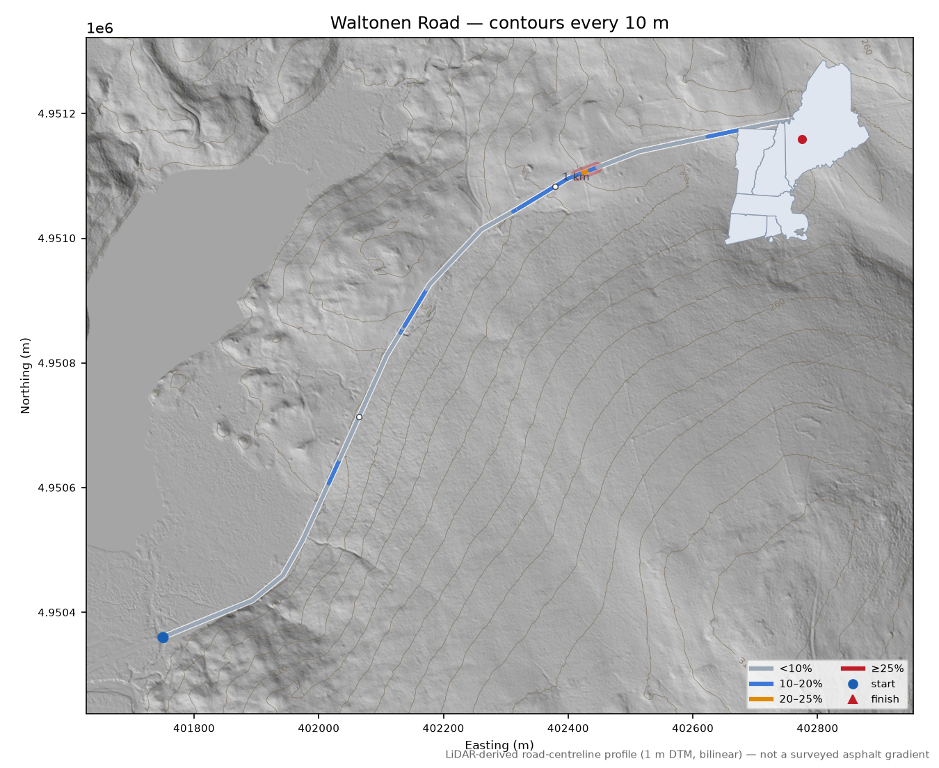 Waltonen Road LiDAR hillshade map with contours