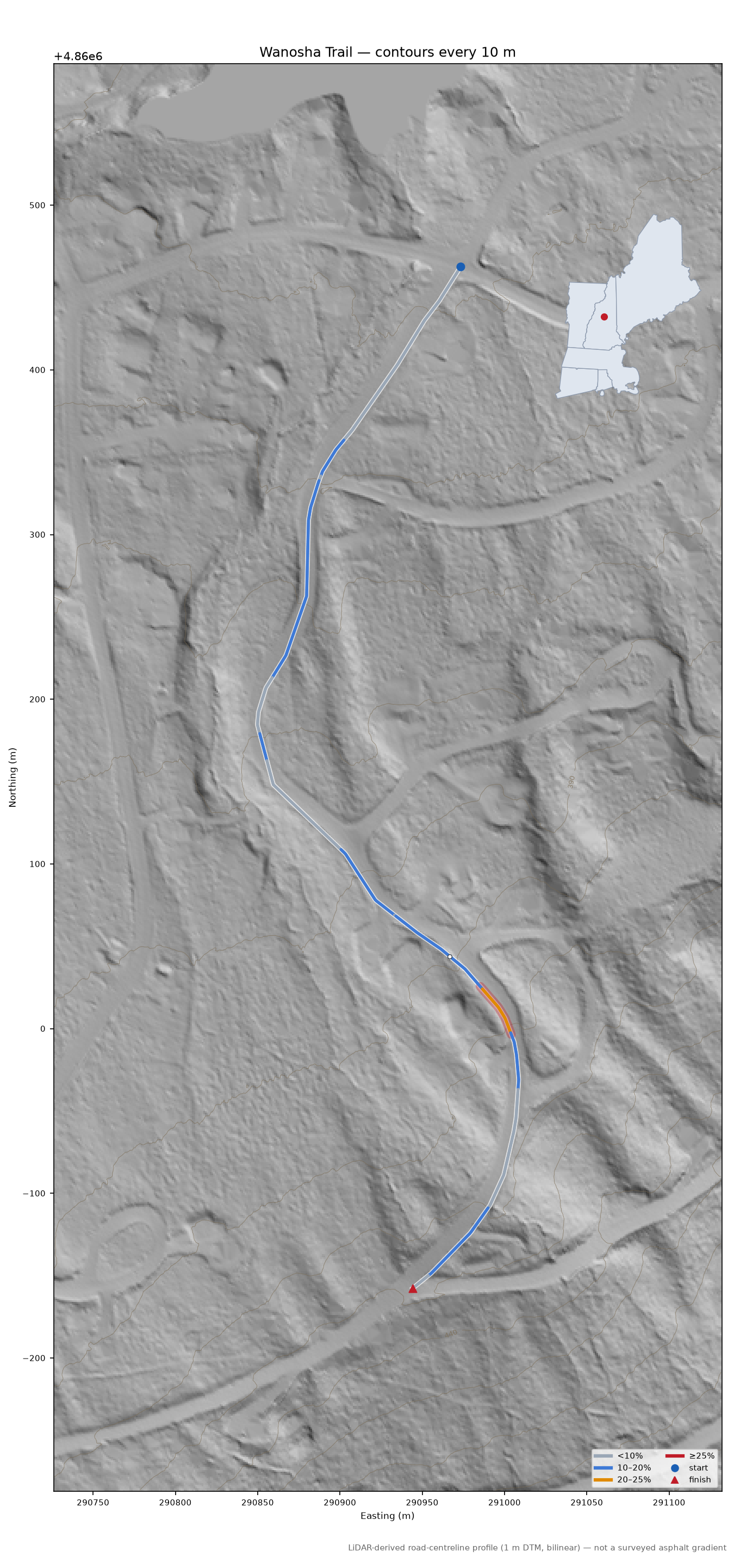 Wanosha Trail LiDAR hillshade map with contours