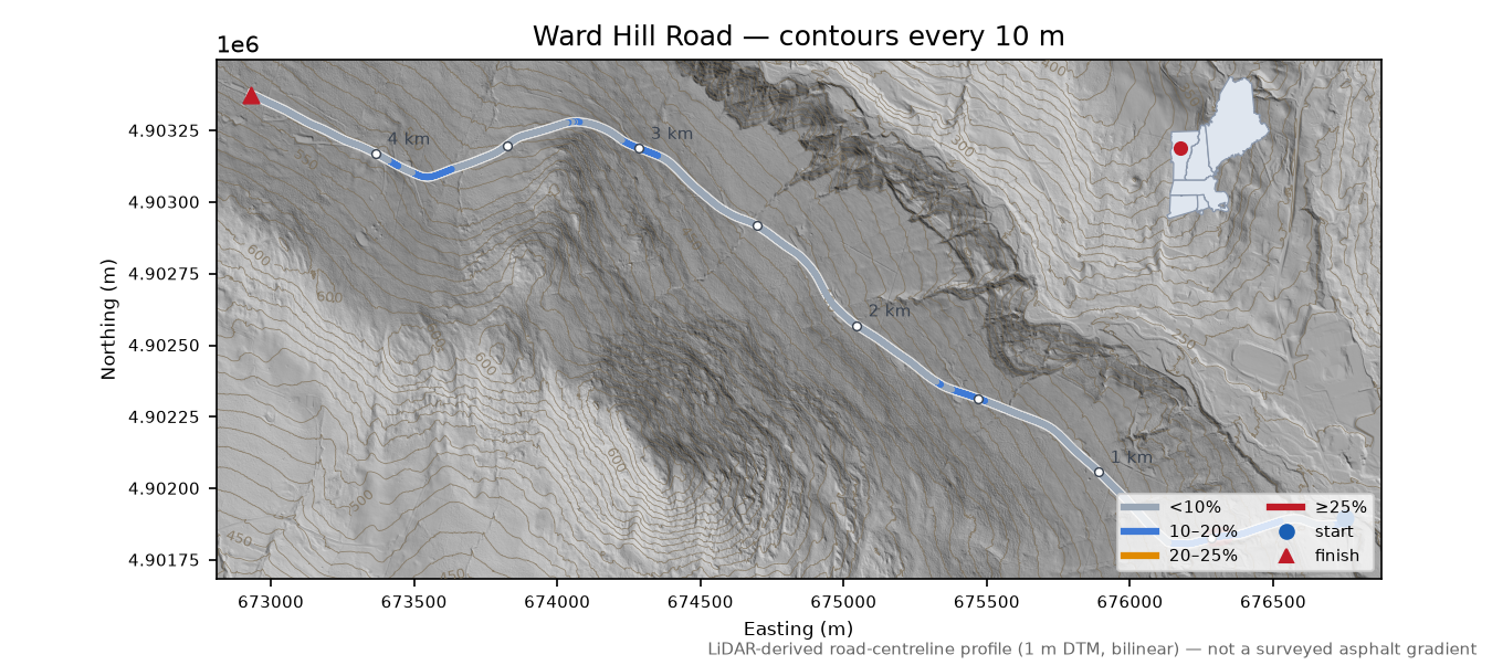 Ward Hill Road LiDAR hillshade map with contours