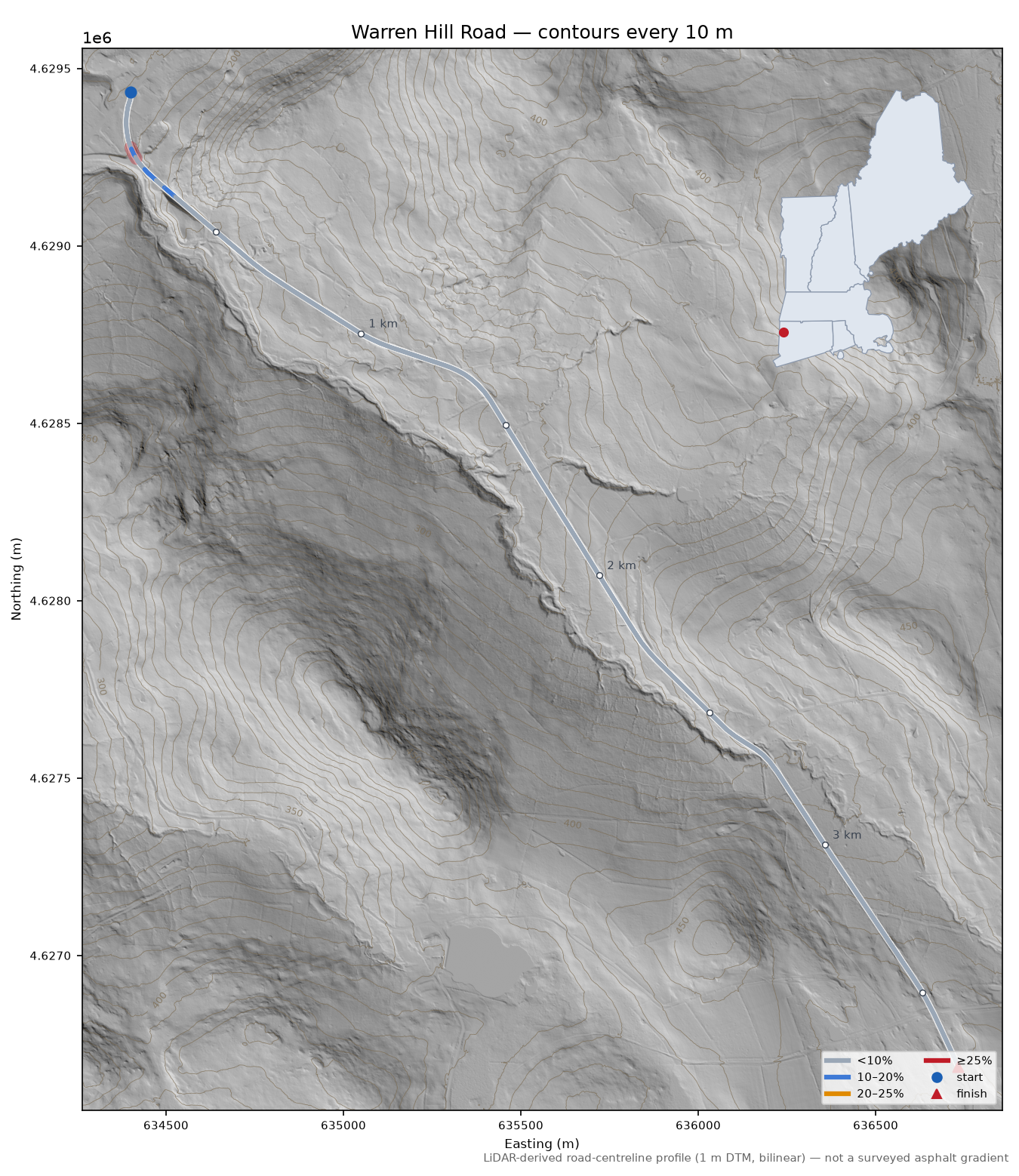 Warren Hill Road LiDAR hillshade map with contours
