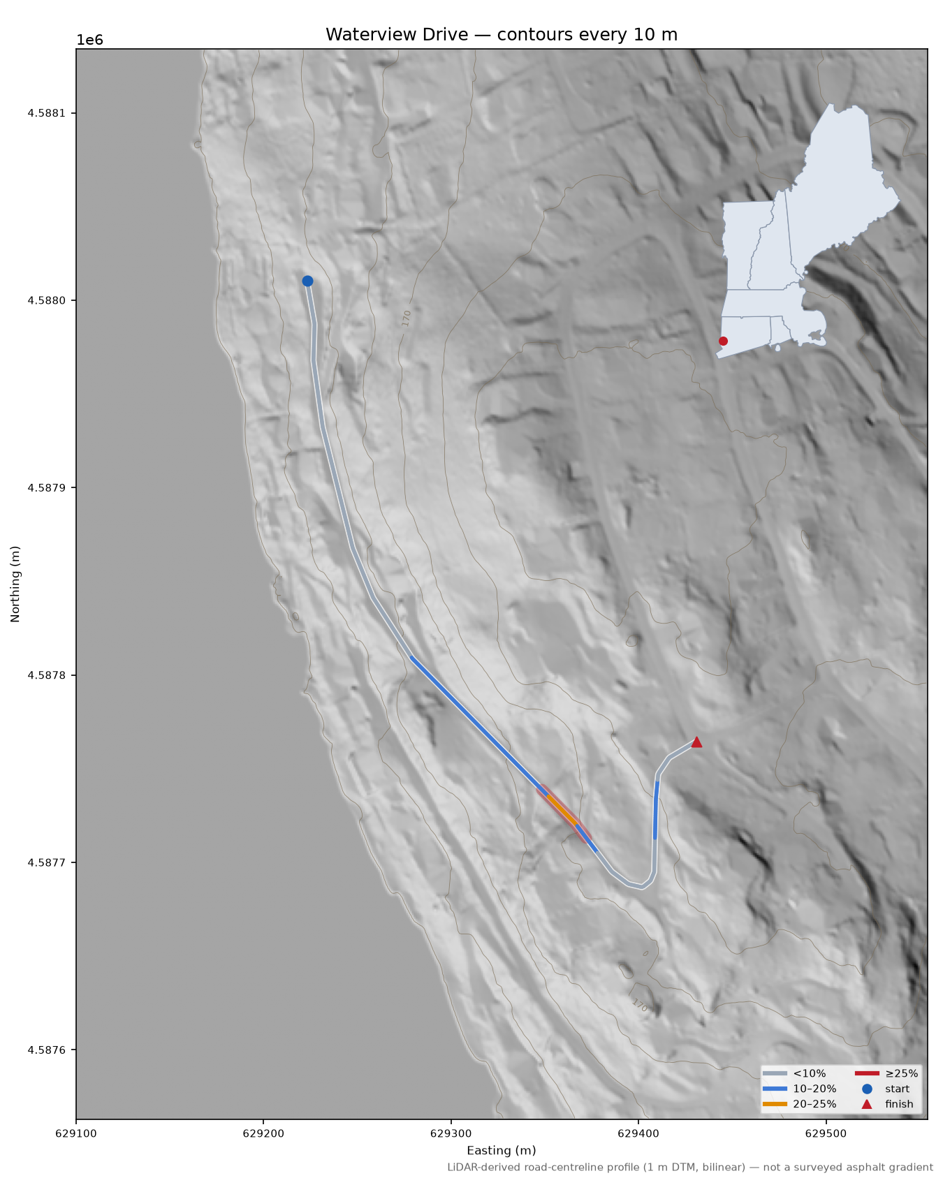 Waterview Drive LiDAR hillshade map with contours