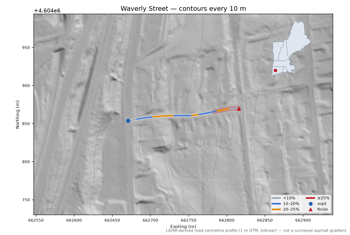 Waverly Street LiDAR hillshade map with contours