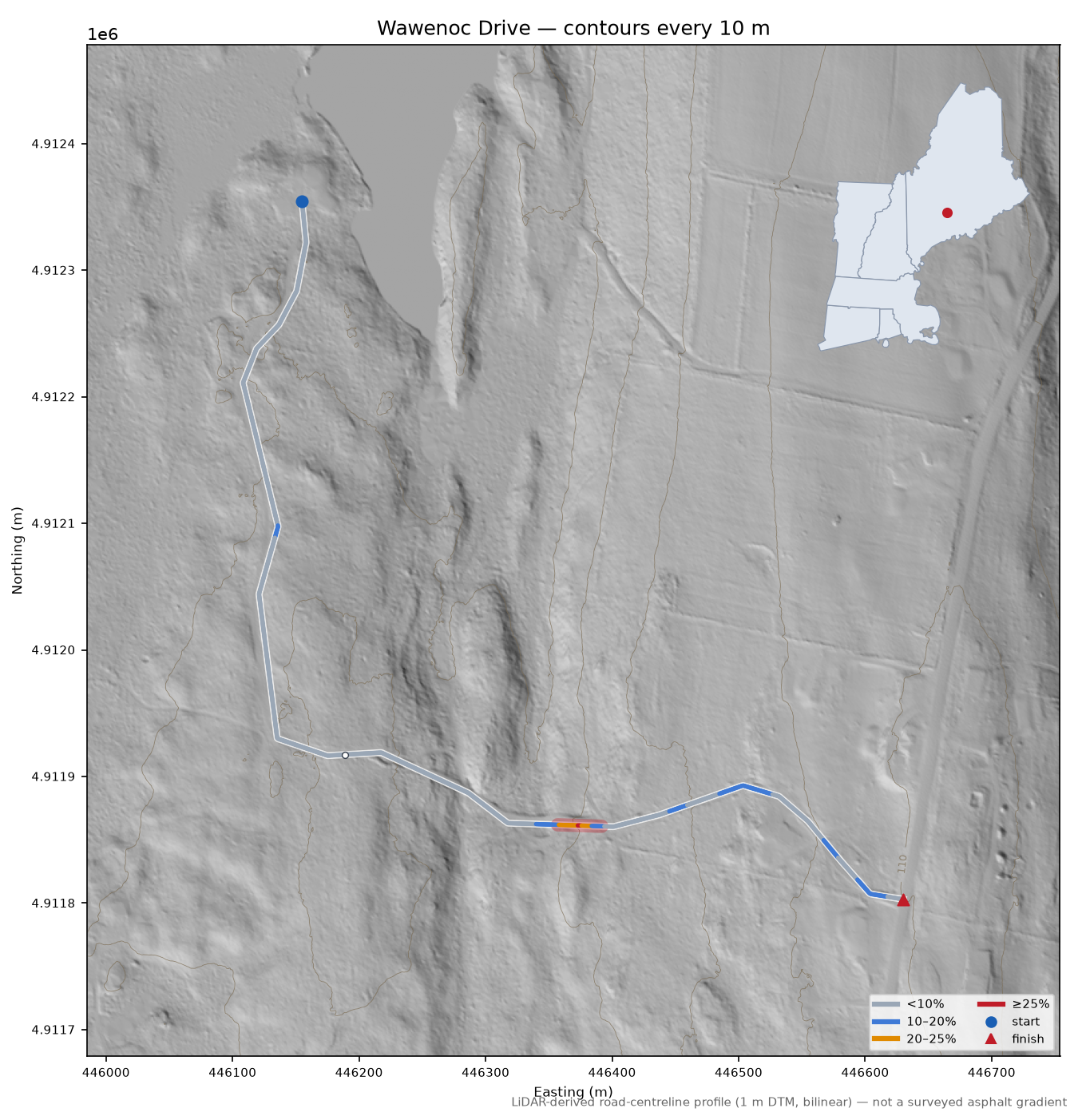 Wawenoc Drive LiDAR hillshade map with contours