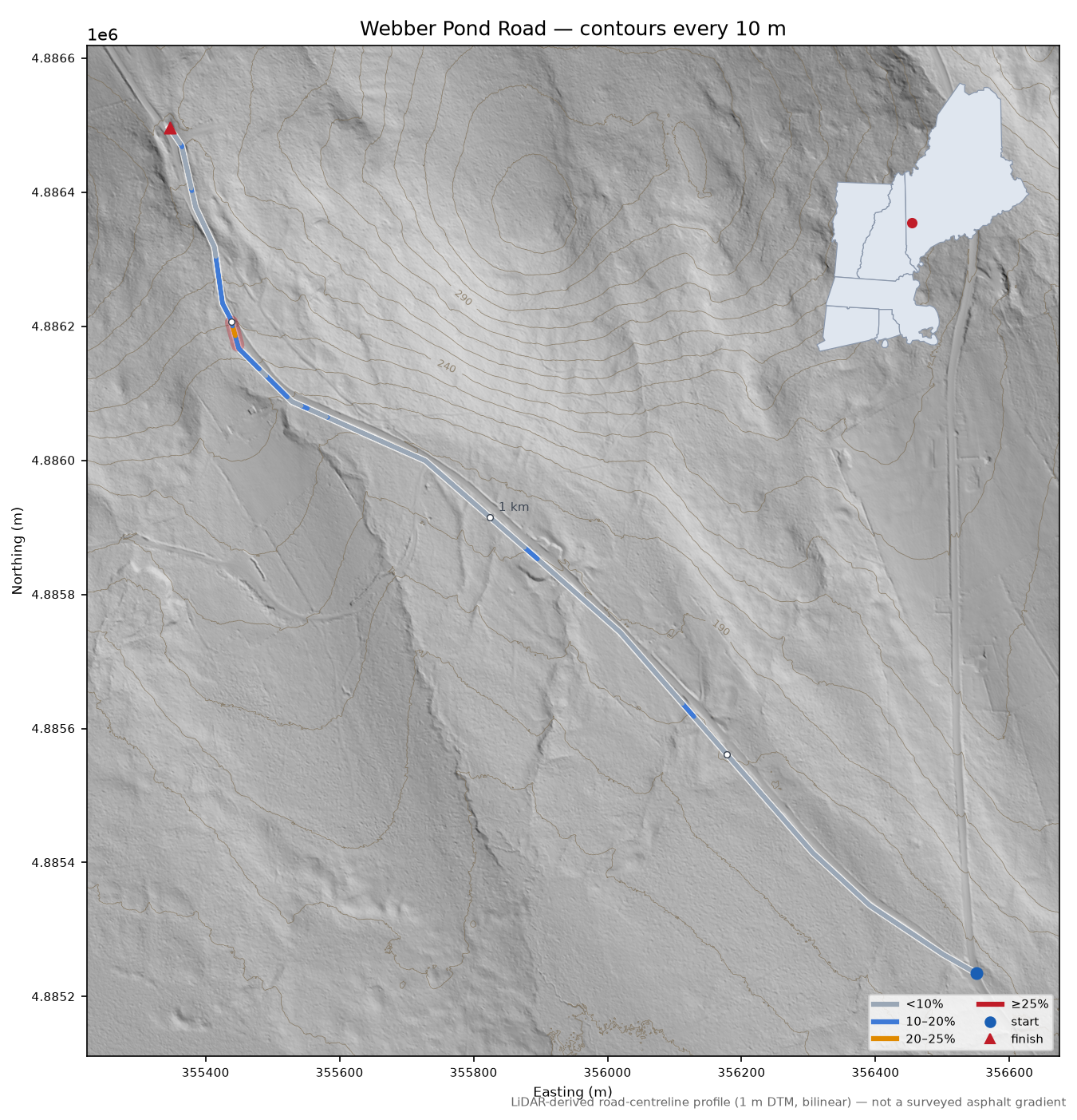 Webber Pond Road LiDAR hillshade map with contours
