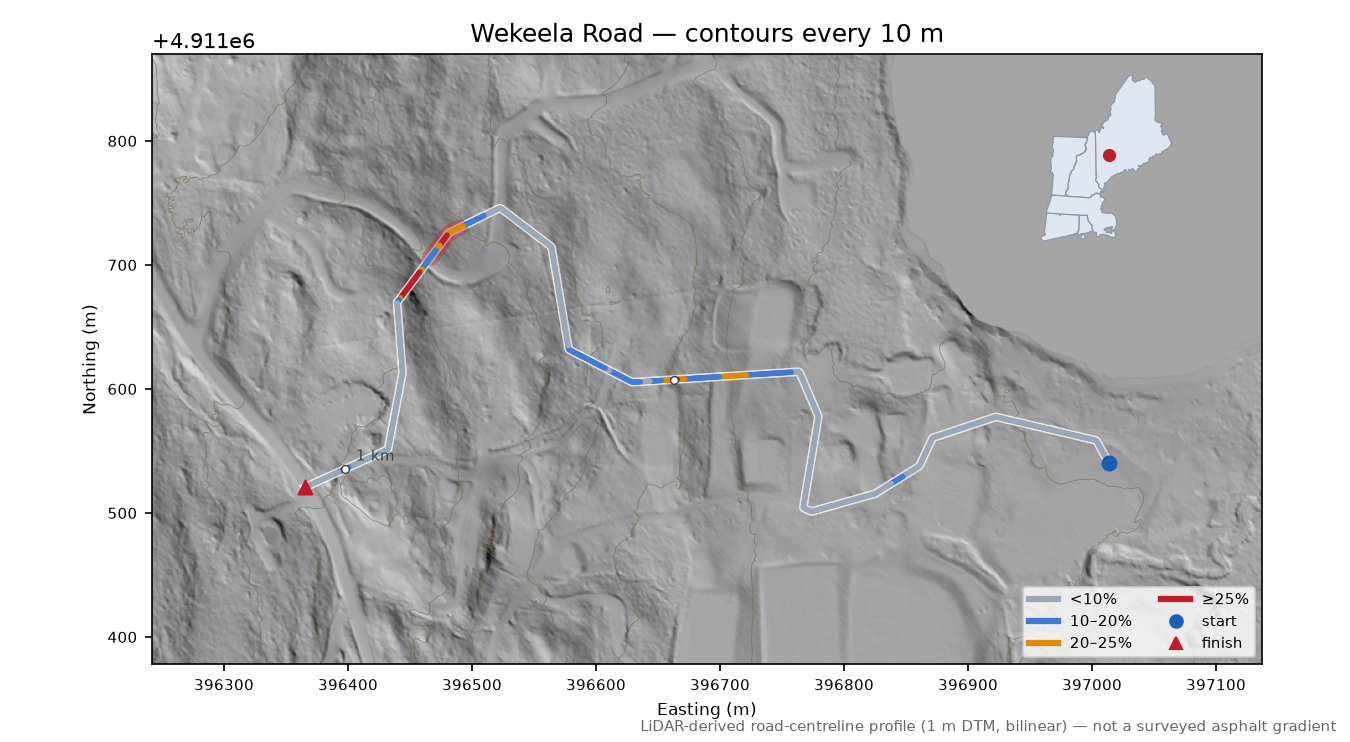 Wekeela Road LiDAR hillshade map with contours