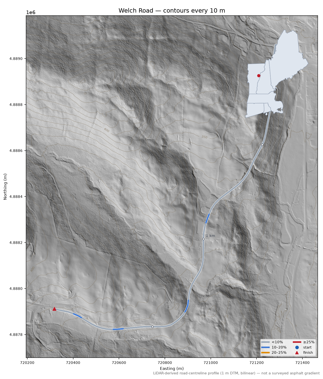 Welch Road LiDAR hillshade map with contours