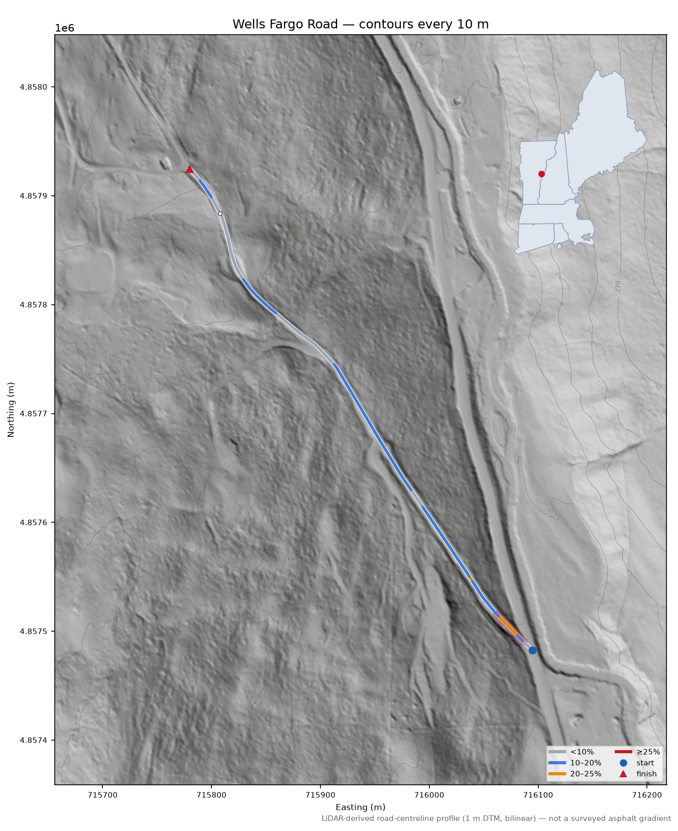 Wells Fargo Road LiDAR hillshade map with contours