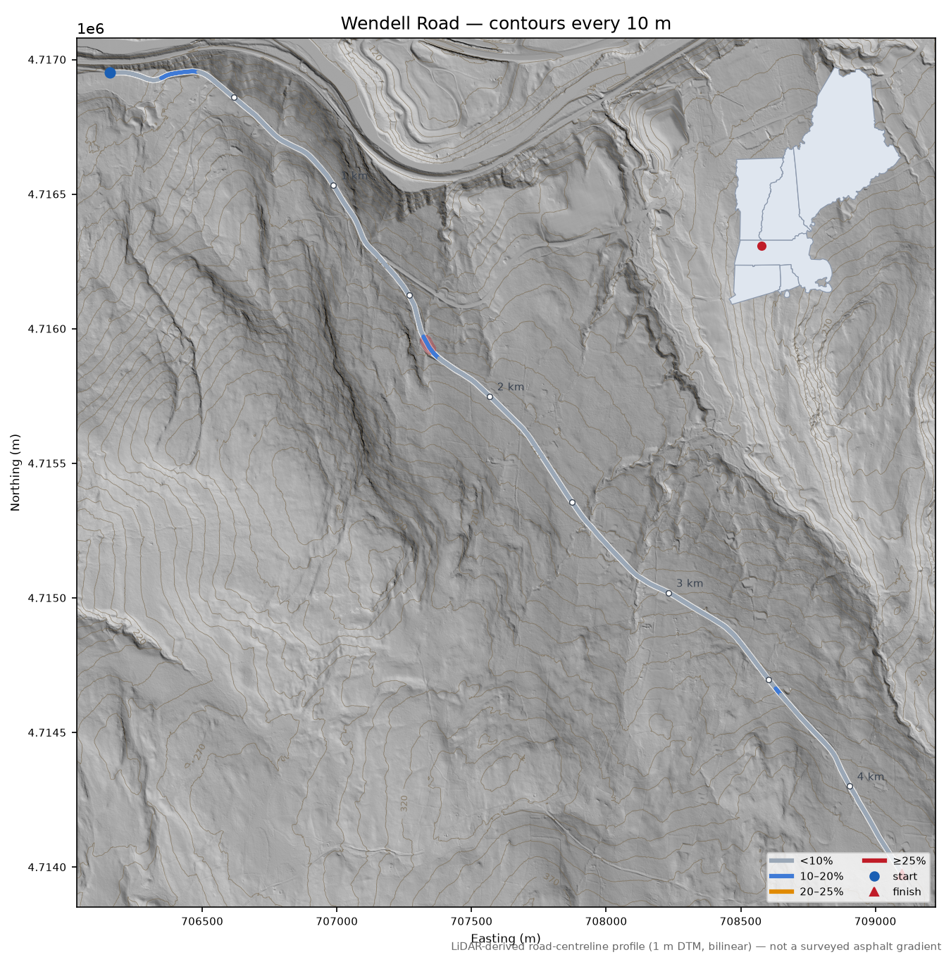 Wendell Road LiDAR hillshade map with contours