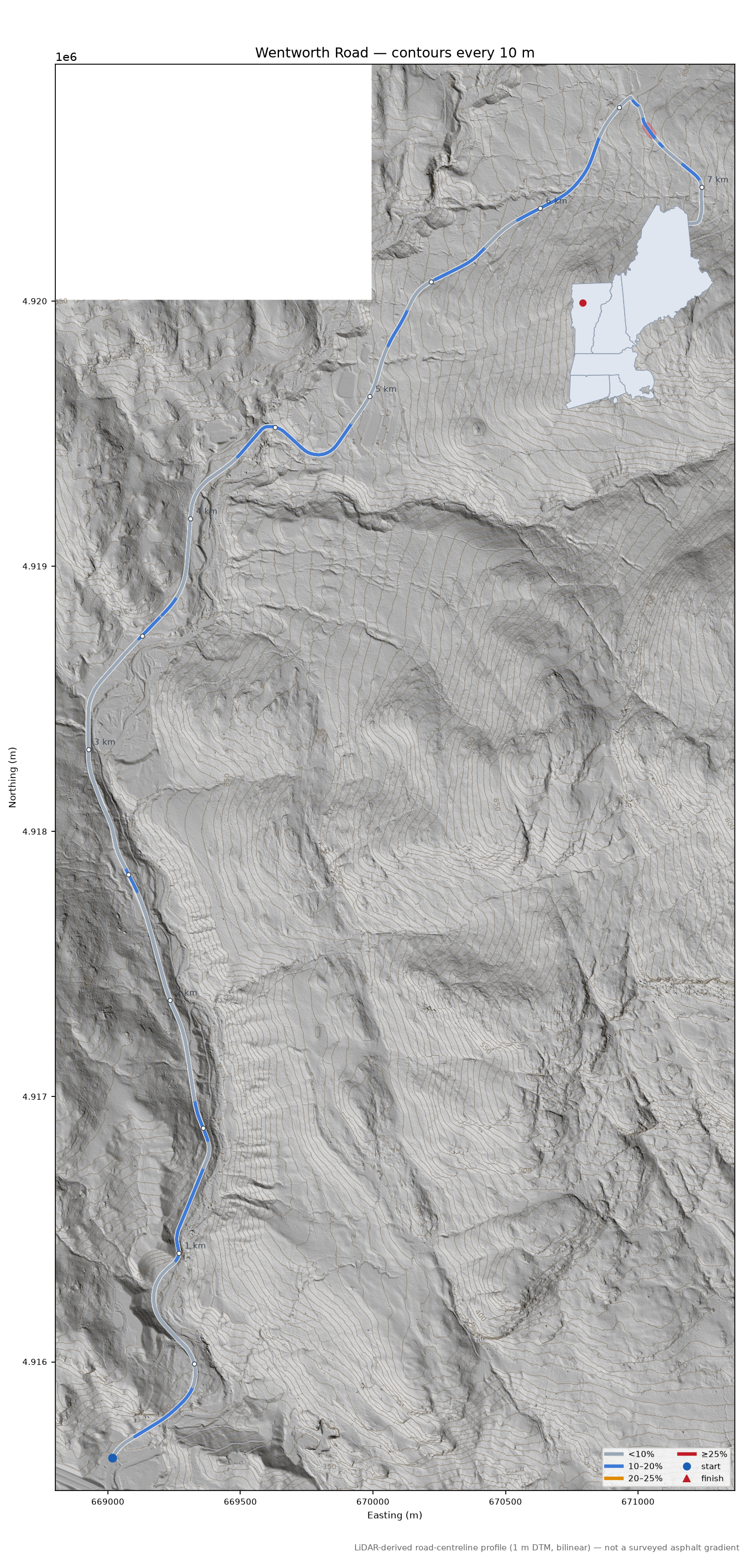 Wentworth Road LiDAR hillshade map with contours