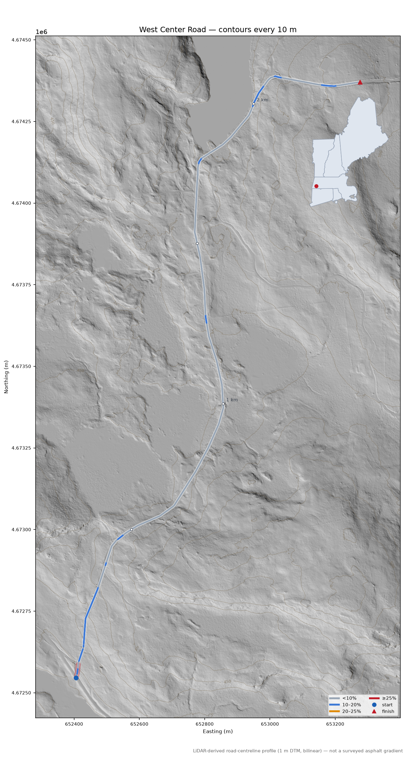 West Center Road LiDAR hillshade map with contours