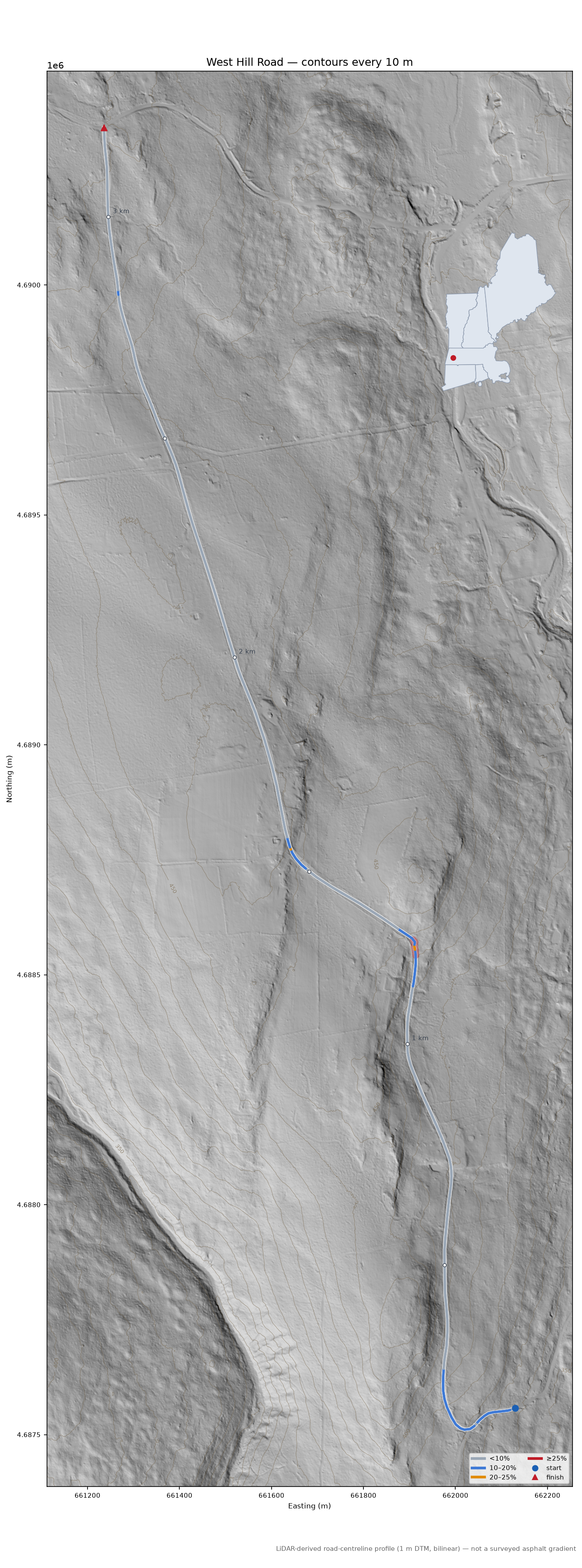 West Hill Road LiDAR hillshade map with contours