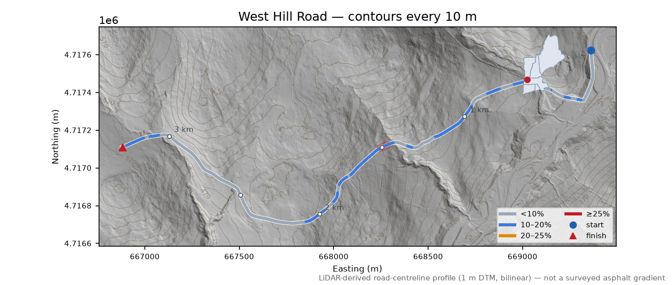 West Hill Road LiDAR hillshade map with contours