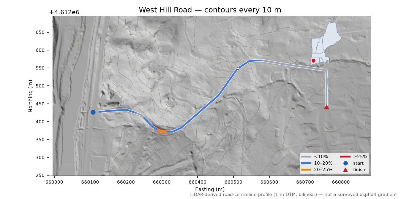 West Hill Road LiDAR hillshade map with contours