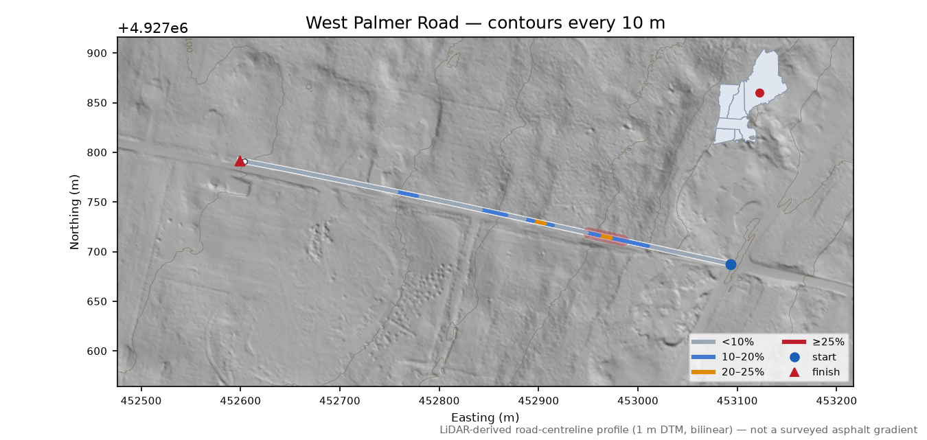 West Palmer Road LiDAR hillshade map with contours