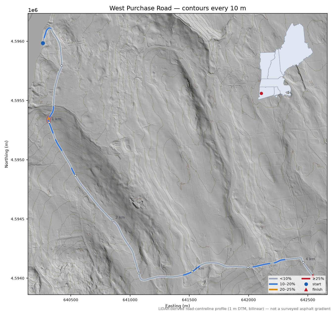West Purchase Road LiDAR hillshade map with contours