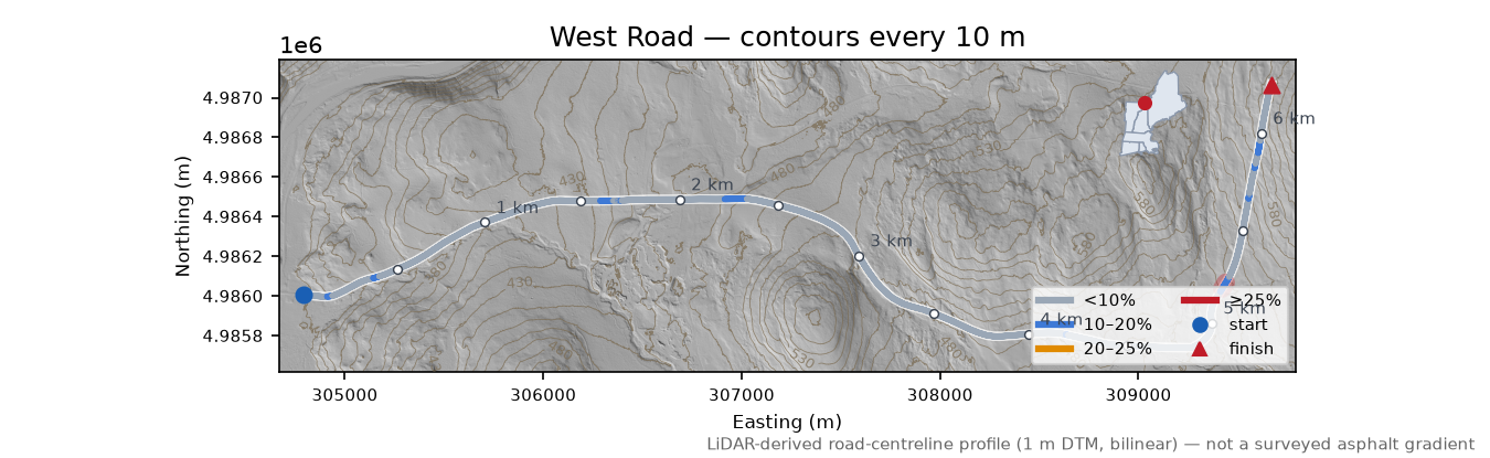 West Road LiDAR hillshade map with contours