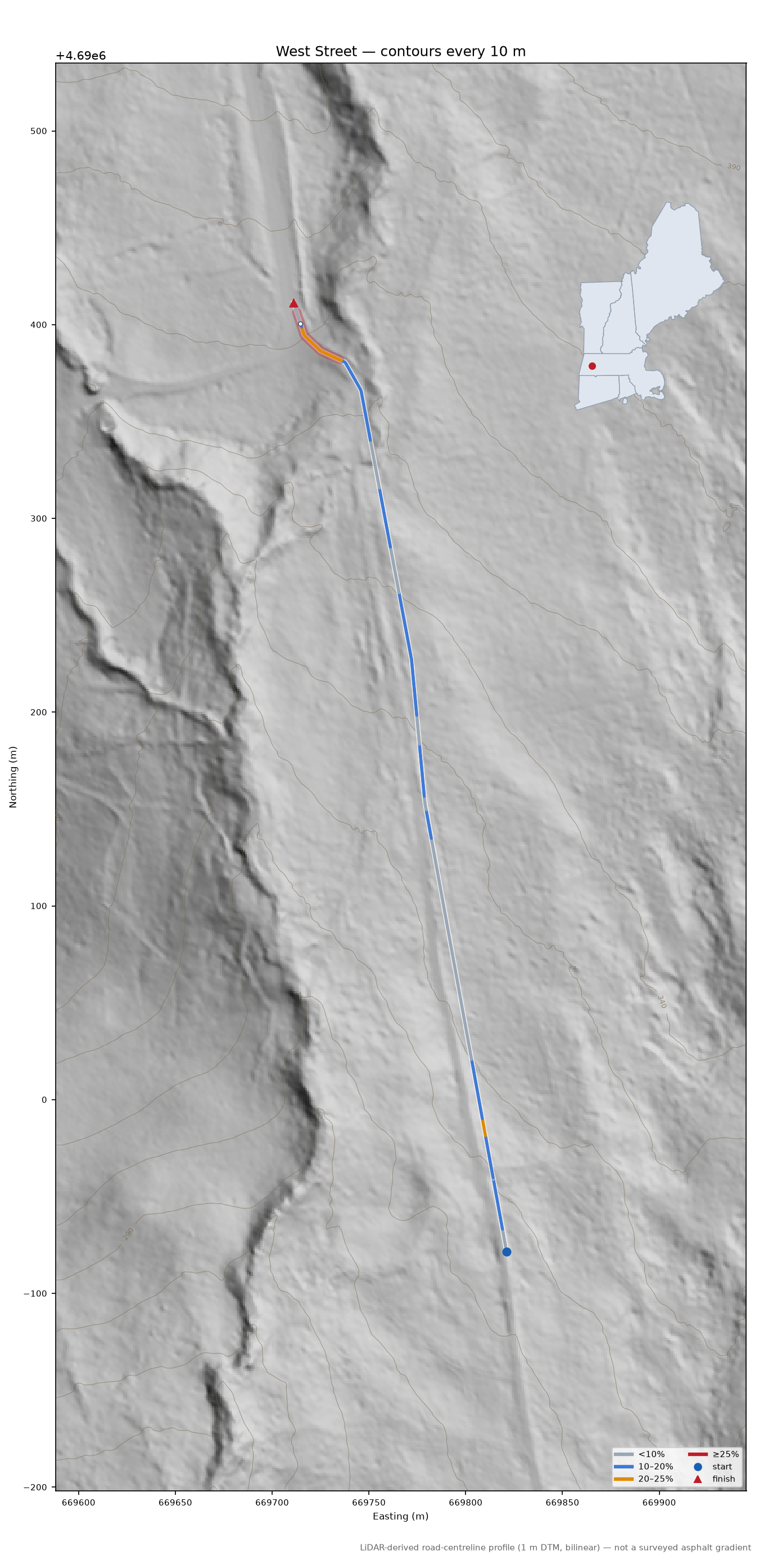 West Street LiDAR hillshade map with contours