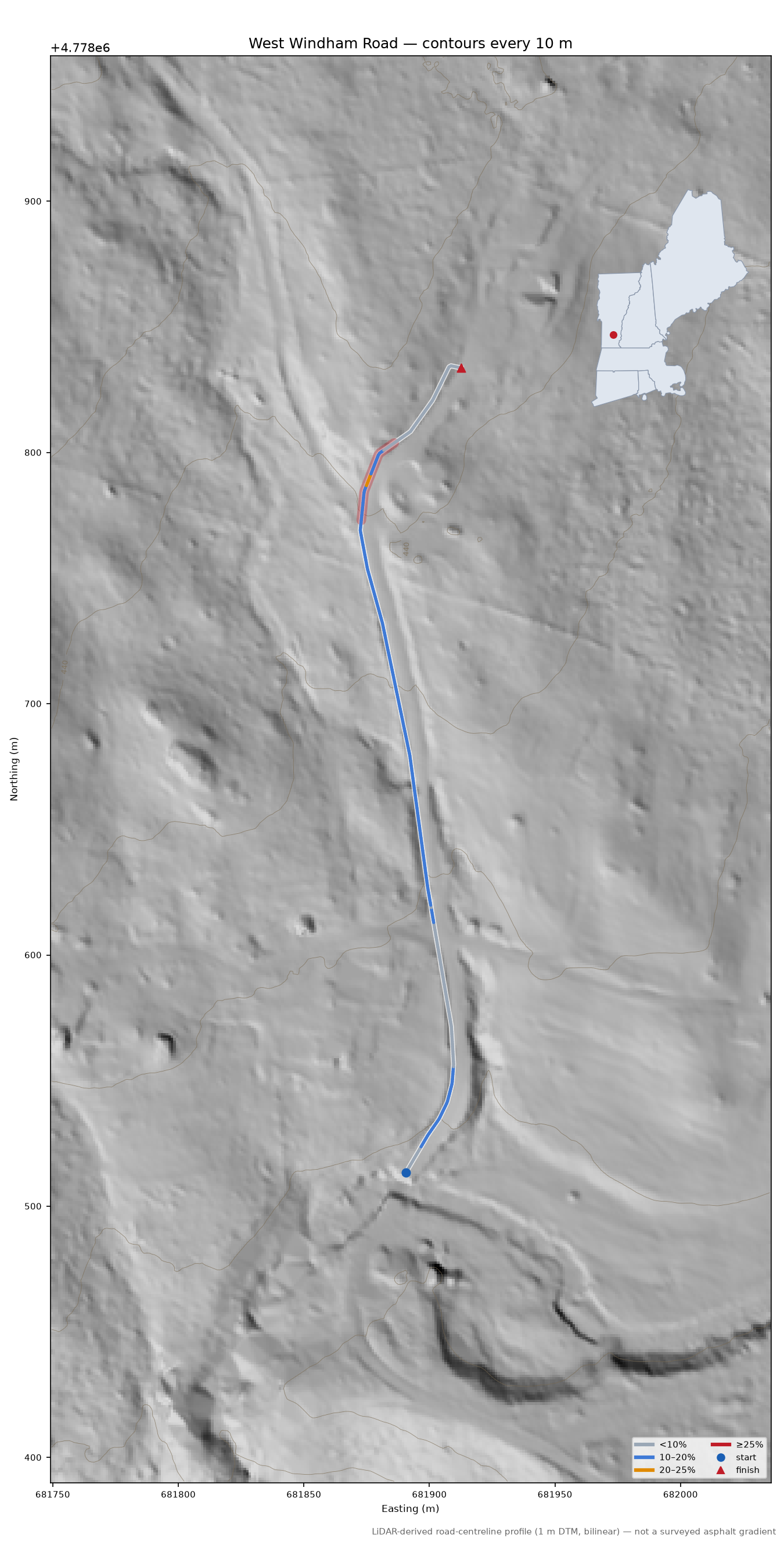West Windham Road LiDAR hillshade map with contours