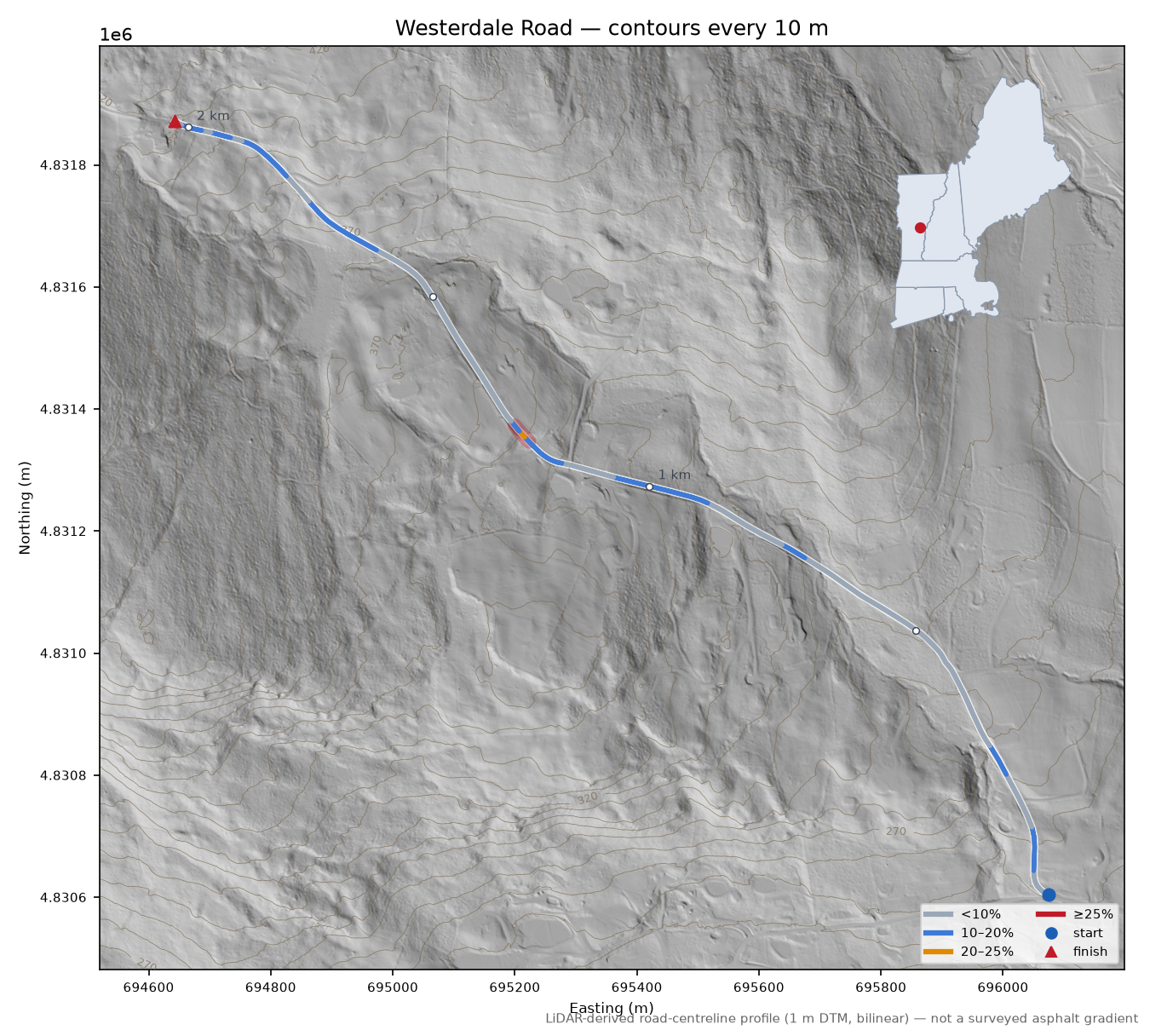 Westerdale Road LiDAR hillshade map with contours