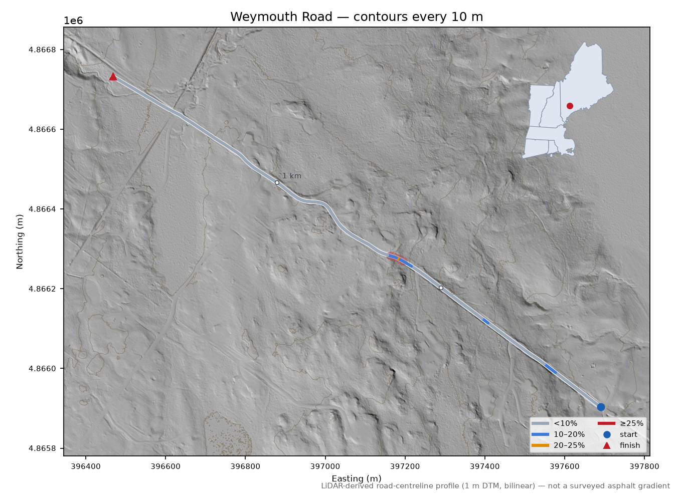 Weymouth Road LiDAR hillshade map with contours