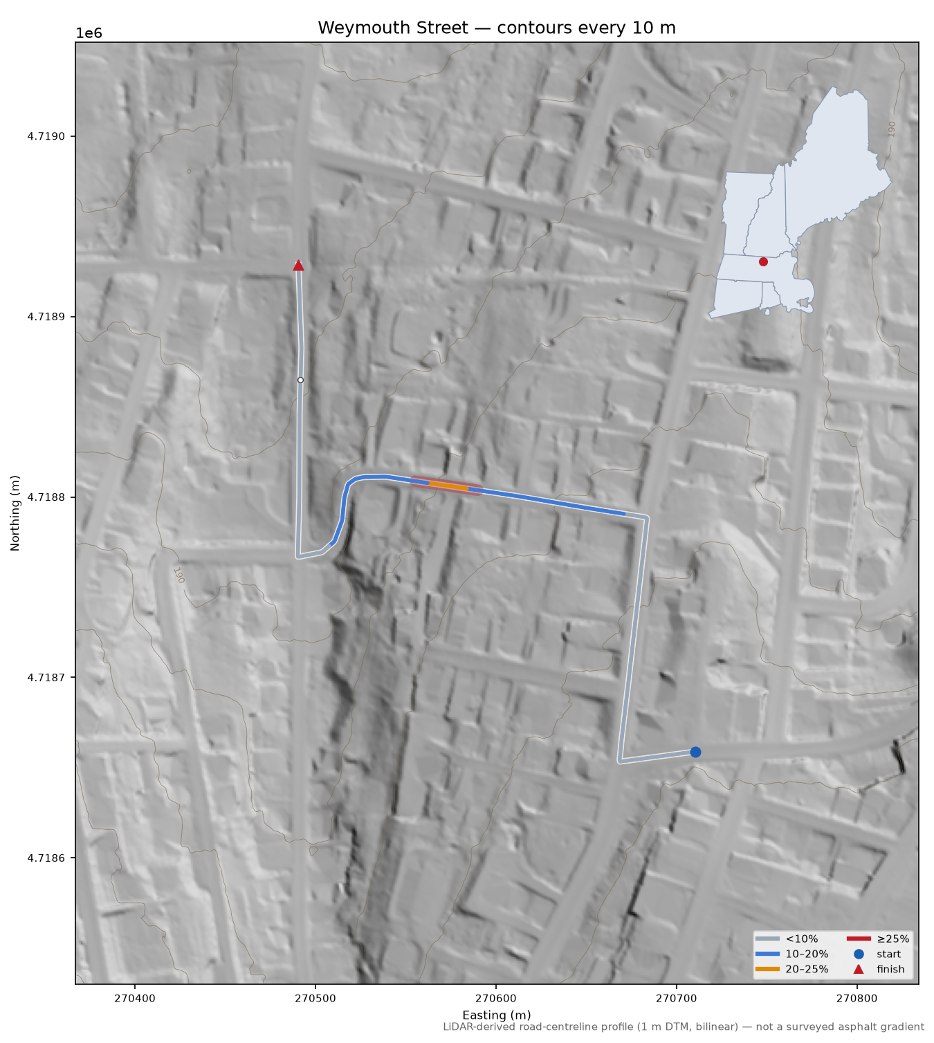 Weymouth Street LiDAR hillshade map with contours
