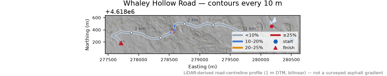 Whaley Hollow Road LiDAR hillshade map with contours