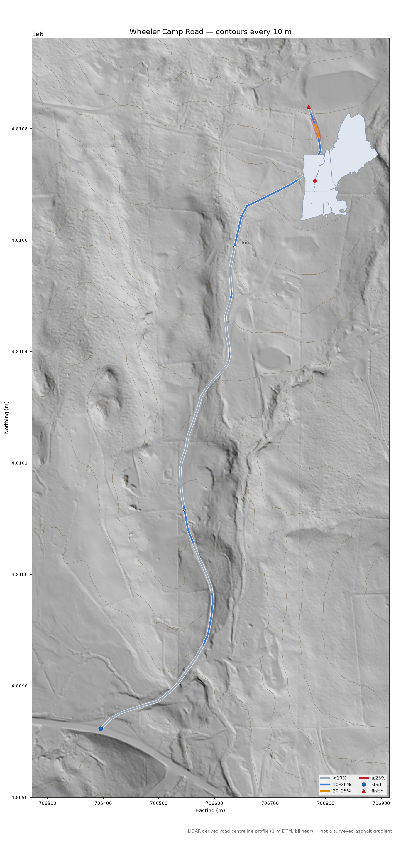 Wheeler Camp Road LiDAR hillshade map with contours