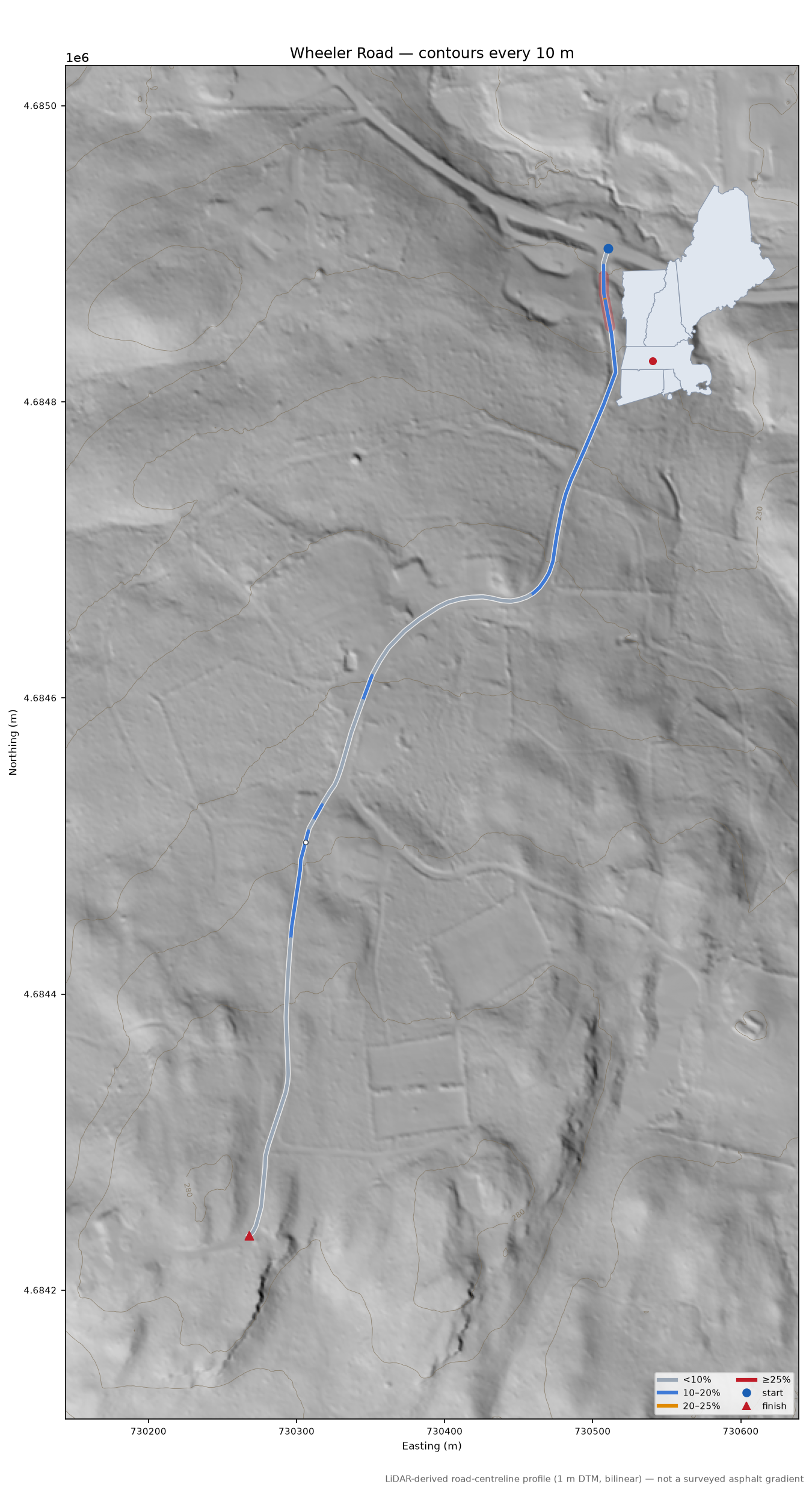 Wheeler Road LiDAR hillshade map with contours